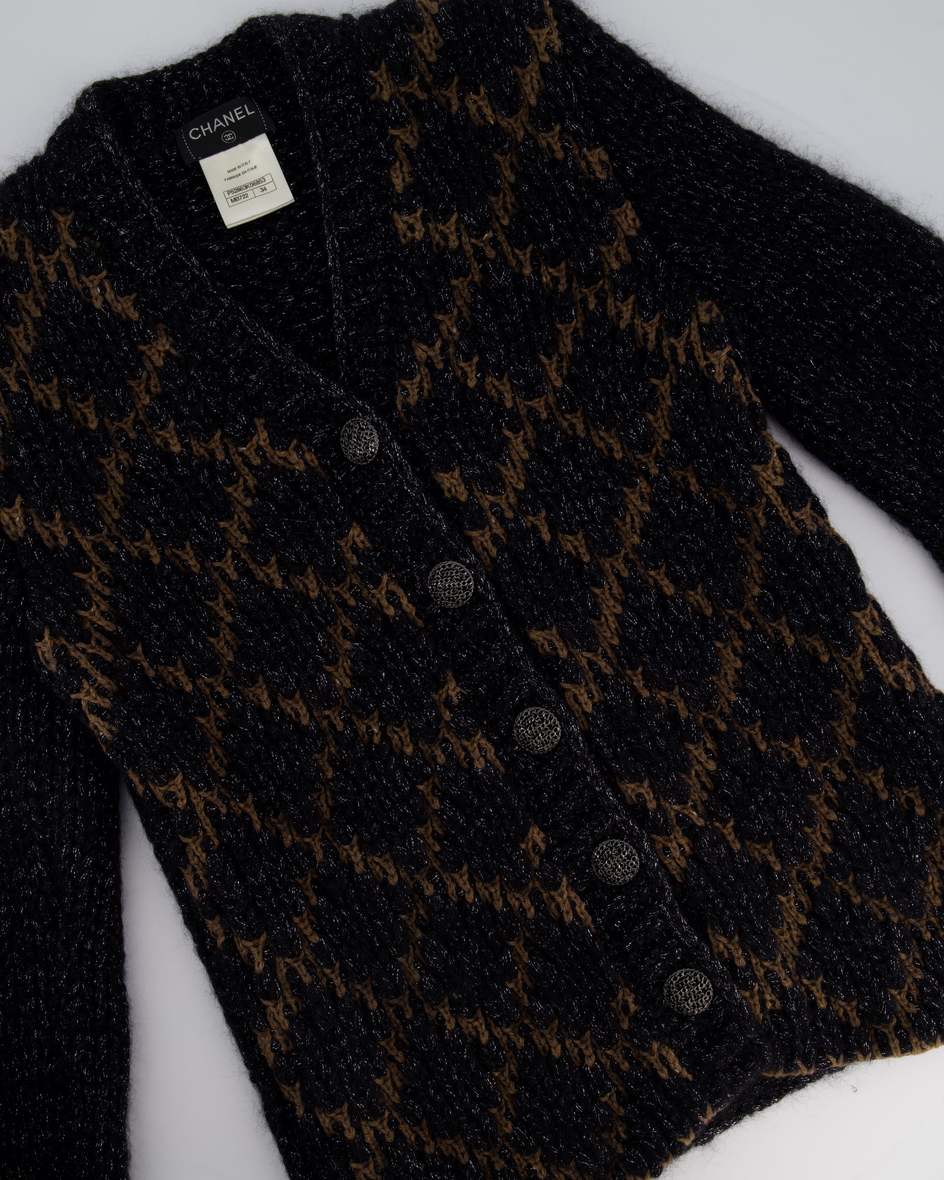 Chanel 15 F/W  Black and Brown Quilted Mohair Cardigan with Silver Threads and Black Chain Button Details Size FR 34 (UK 6)