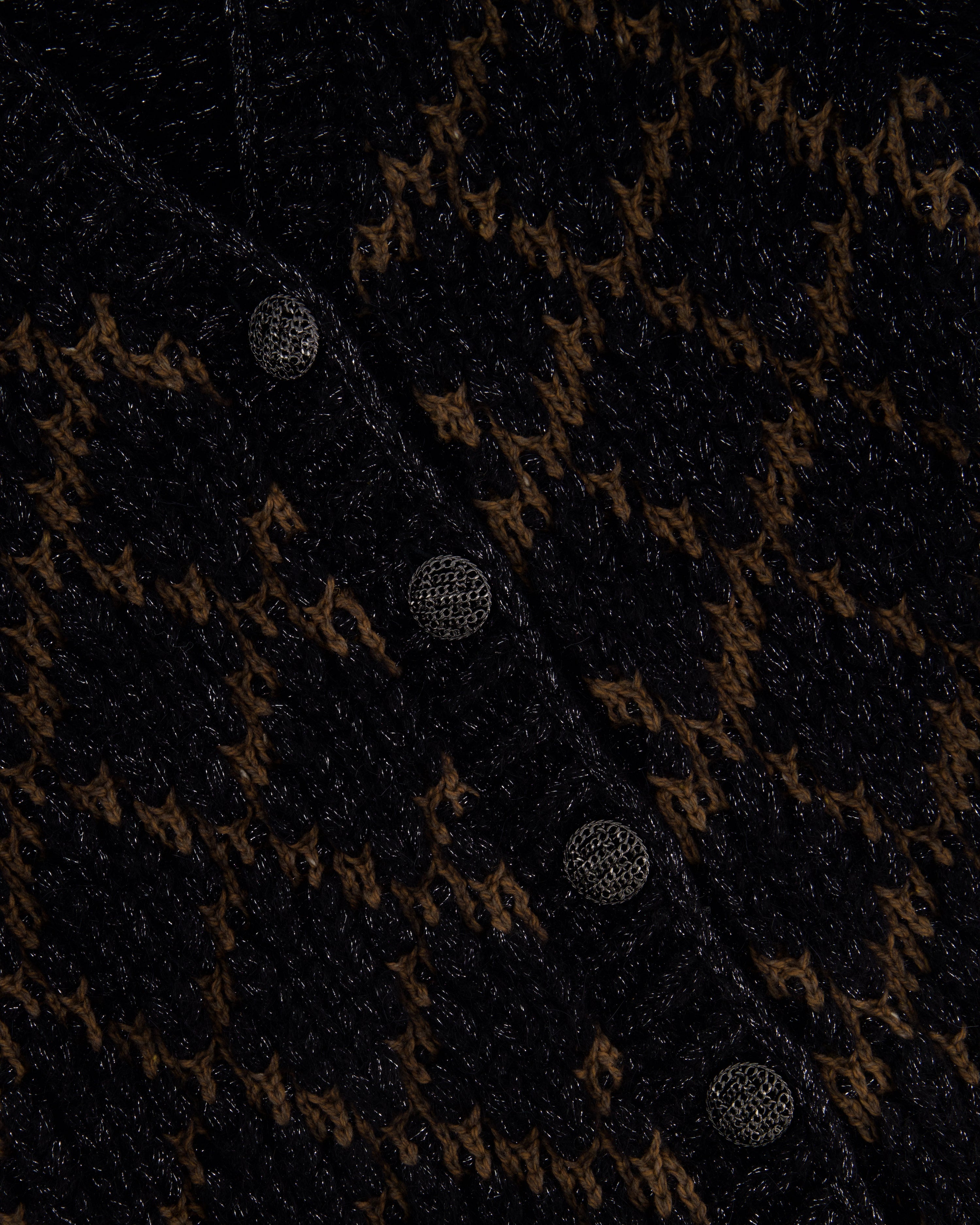 Chanel 15 F/W  Black and Brown Quilted Mohair Cardigan with Silver Threads and Black Chain Button Details Size FR 34 (UK 6)