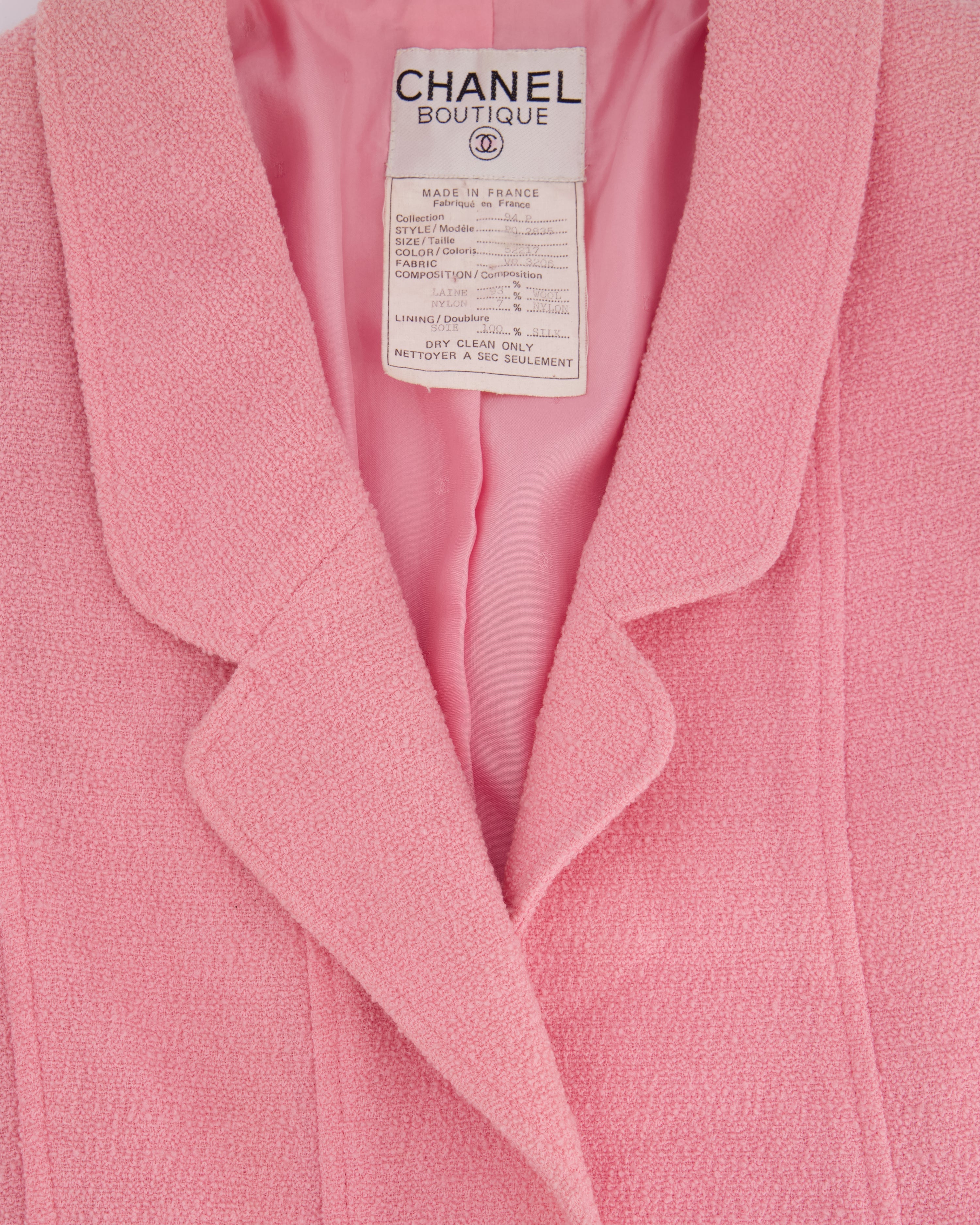 Chanel 94/P Pink Longline Tweed Jacket with Gold CC Logo Button Details, Size FR 40 (UK 12)