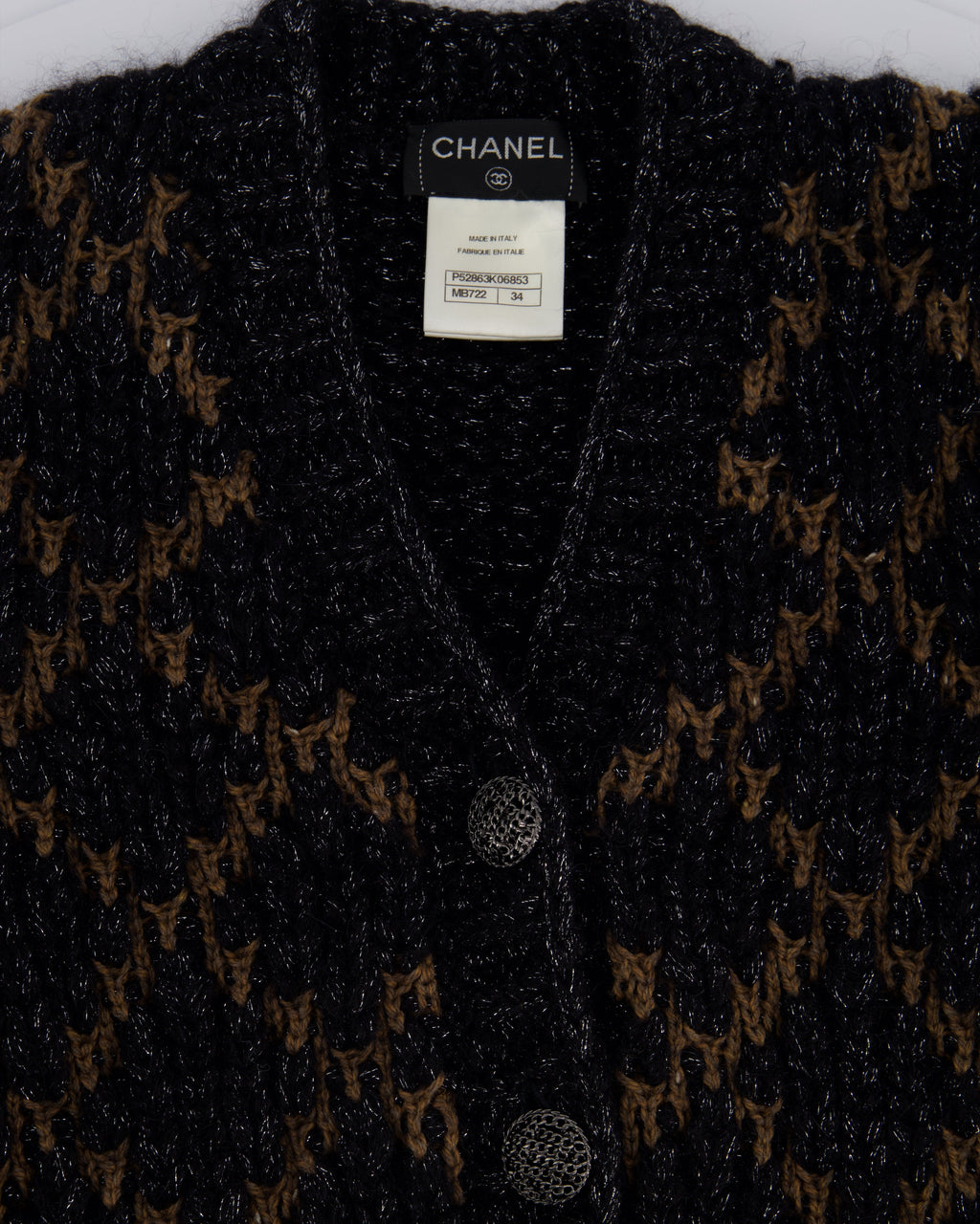 Chanel 15 F/W  Black and Brown Quilted Mohair Cardigan with Silver Threads and Black Chain Button Details Size FR 34 (UK 6)