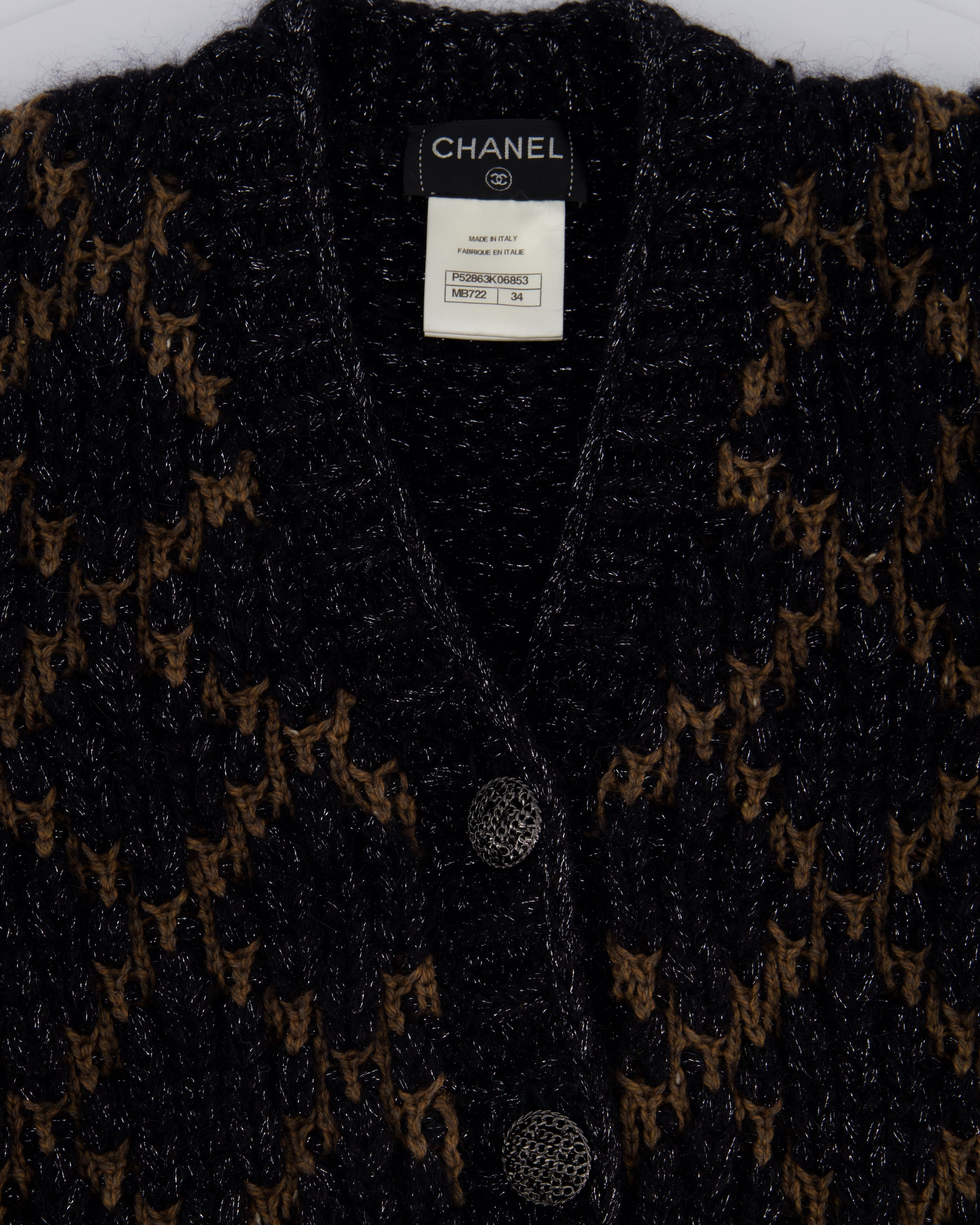 Chanel 15 F/W  Black and Brown Quilted Mohair Cardigan with Silver Threads and Black Chain Button Details Size FR 34 (UK 6)