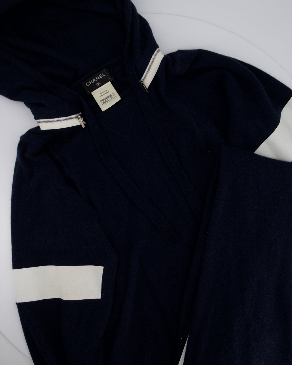 Chanel Navy Two-Piece Cashmere Tracksuit Set with Detachable Hood Detail Size FR 40 (UK 12)