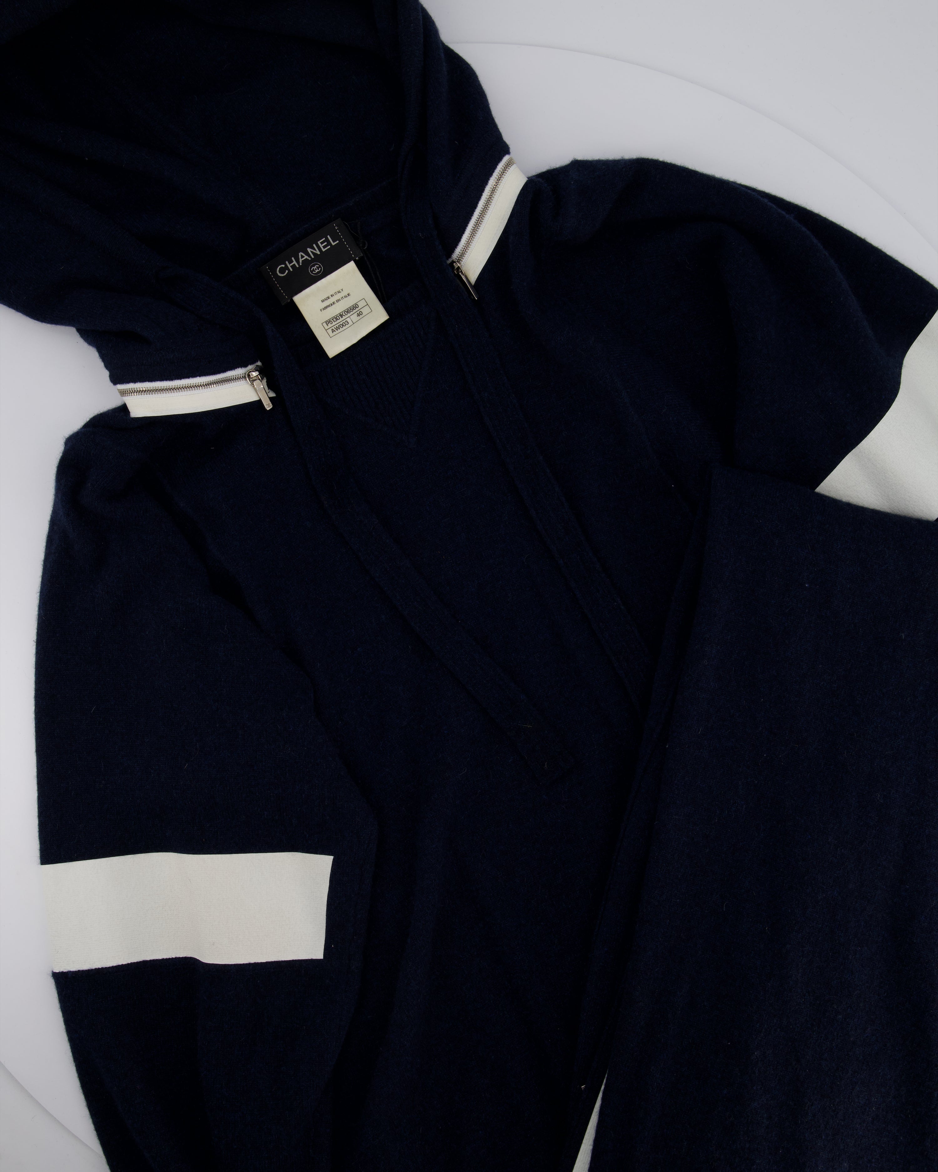 Chanel Navy Two-Piece Cashmere Tracksuit Set with Detachable Hood Detail Size FR 40 (UK 12)