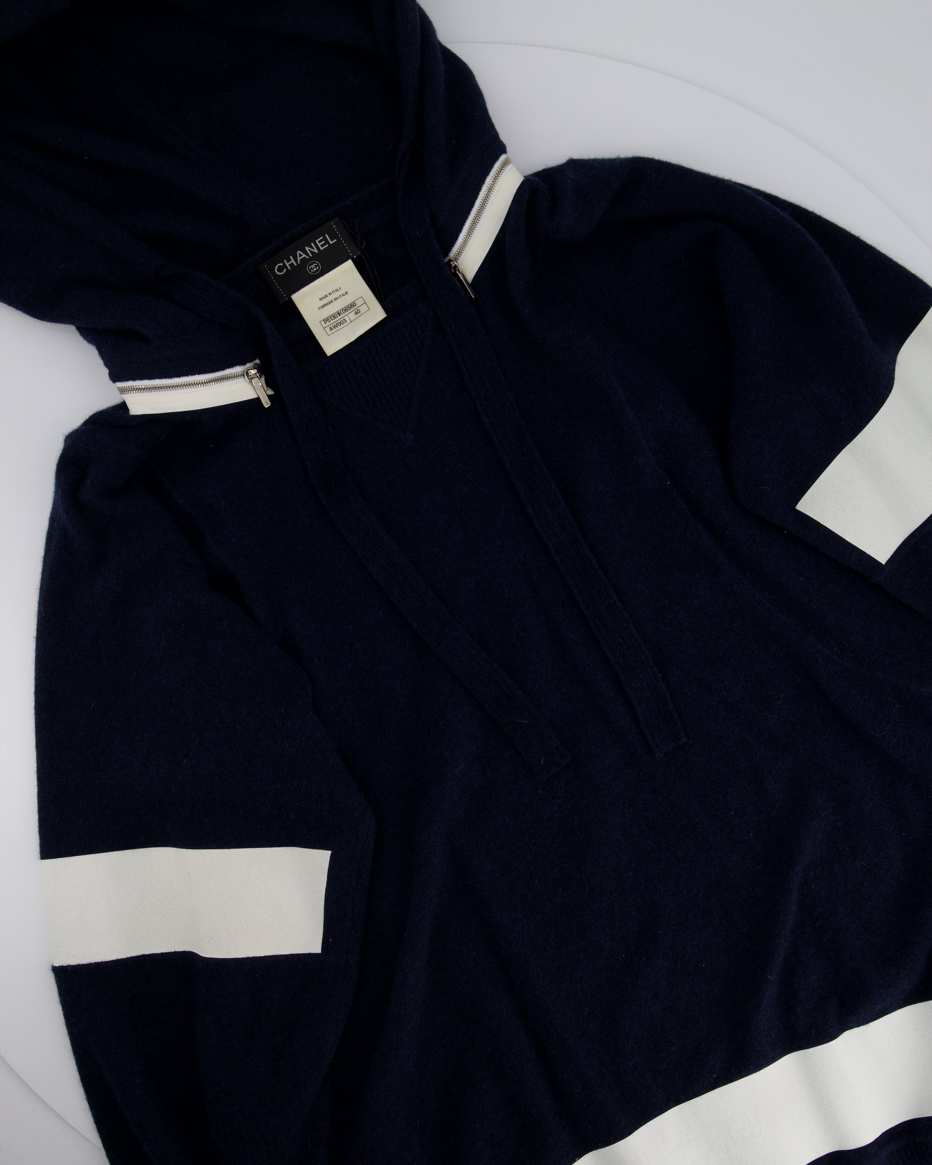 Chanel Navy Two-Piece Cashmere Tracksuit Set with Detachable Hood Detail Size FR 40 (UK 12)