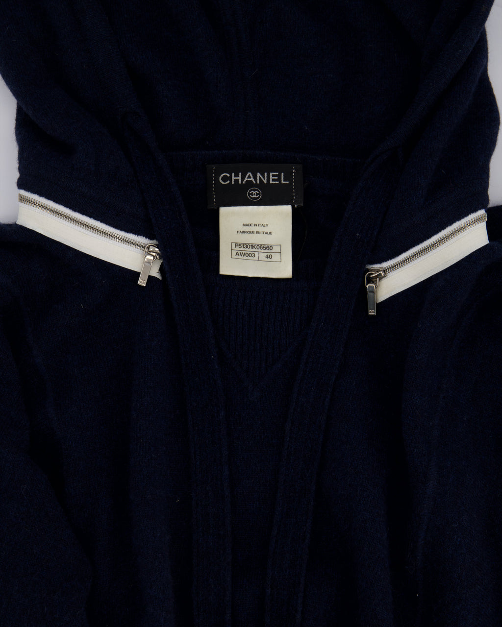 Chanel Navy Two-Piece Cashmere Tracksuit Set with Detachable Hood Detail Size FR 40 (UK 12)