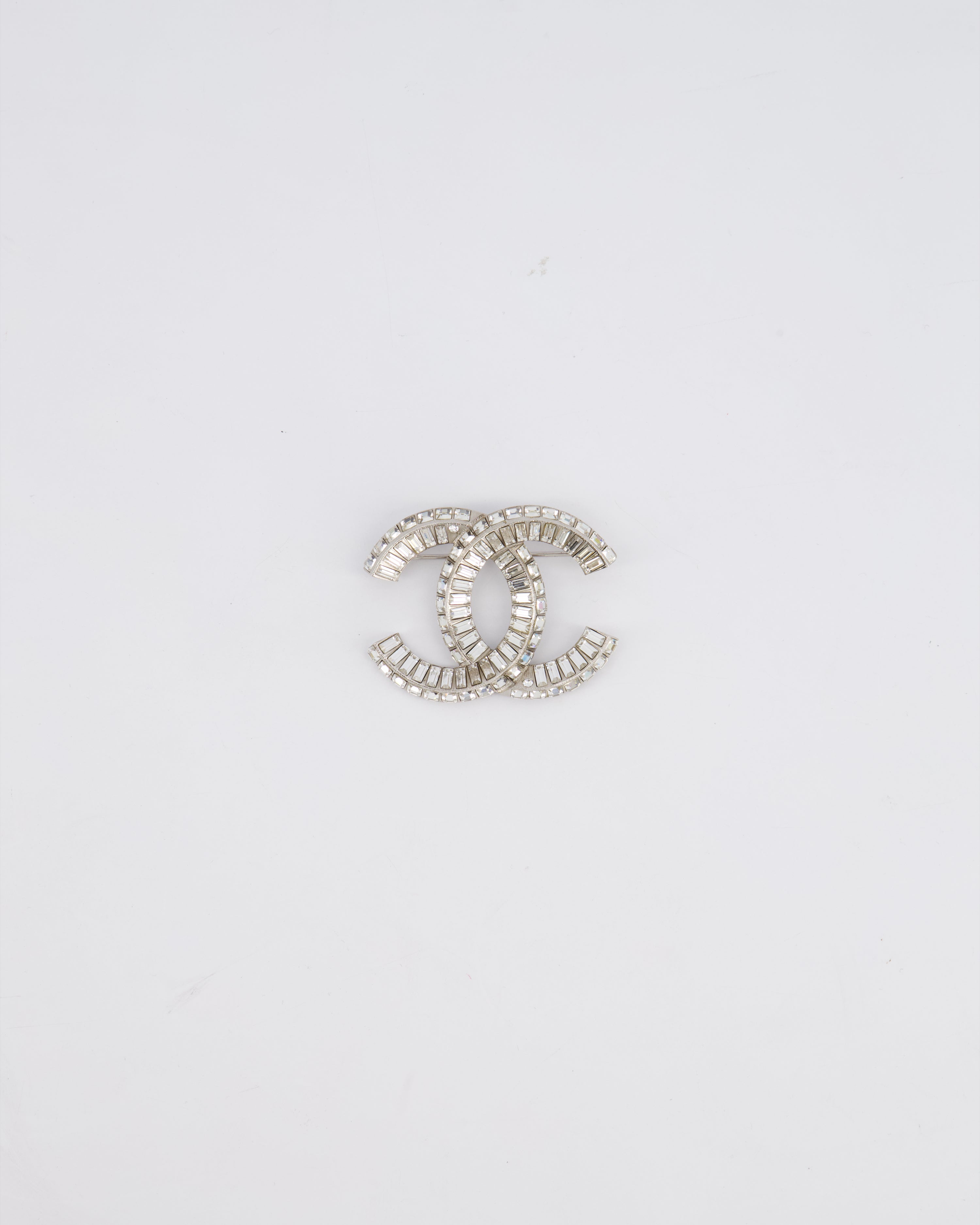 Chanel Silver Crystal Embellished CC Brooch