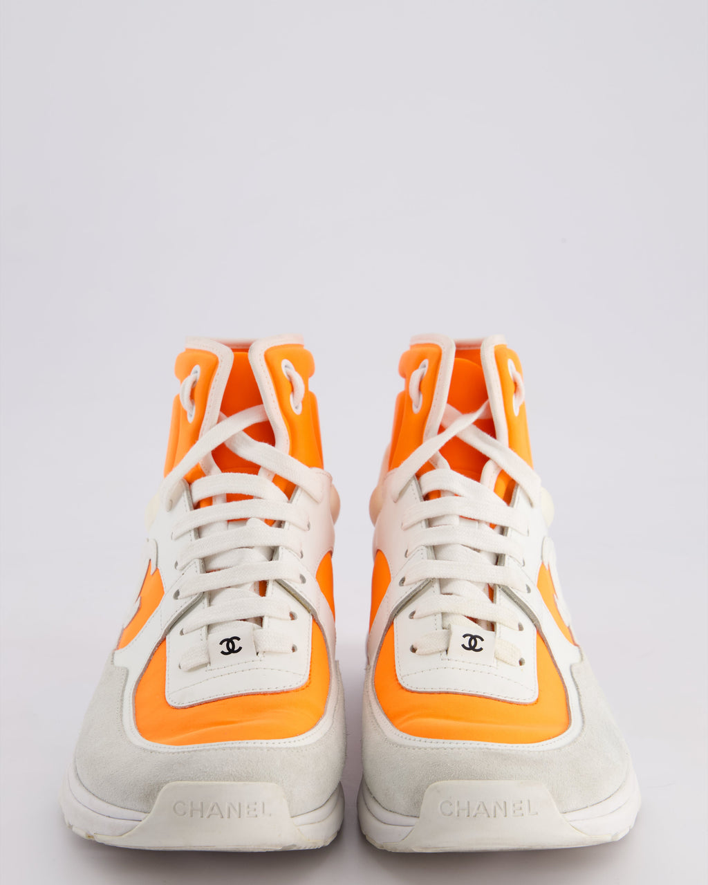 Chanel SS/18 White Leather and Neon Orange Nylon Laced High Top Trainers Size EU 39