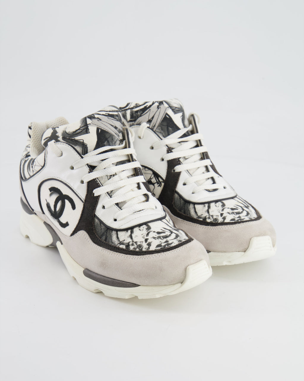Chanel Grey, White, Black Leather and Suede Graffiti CC Trainers Size EU 38.5