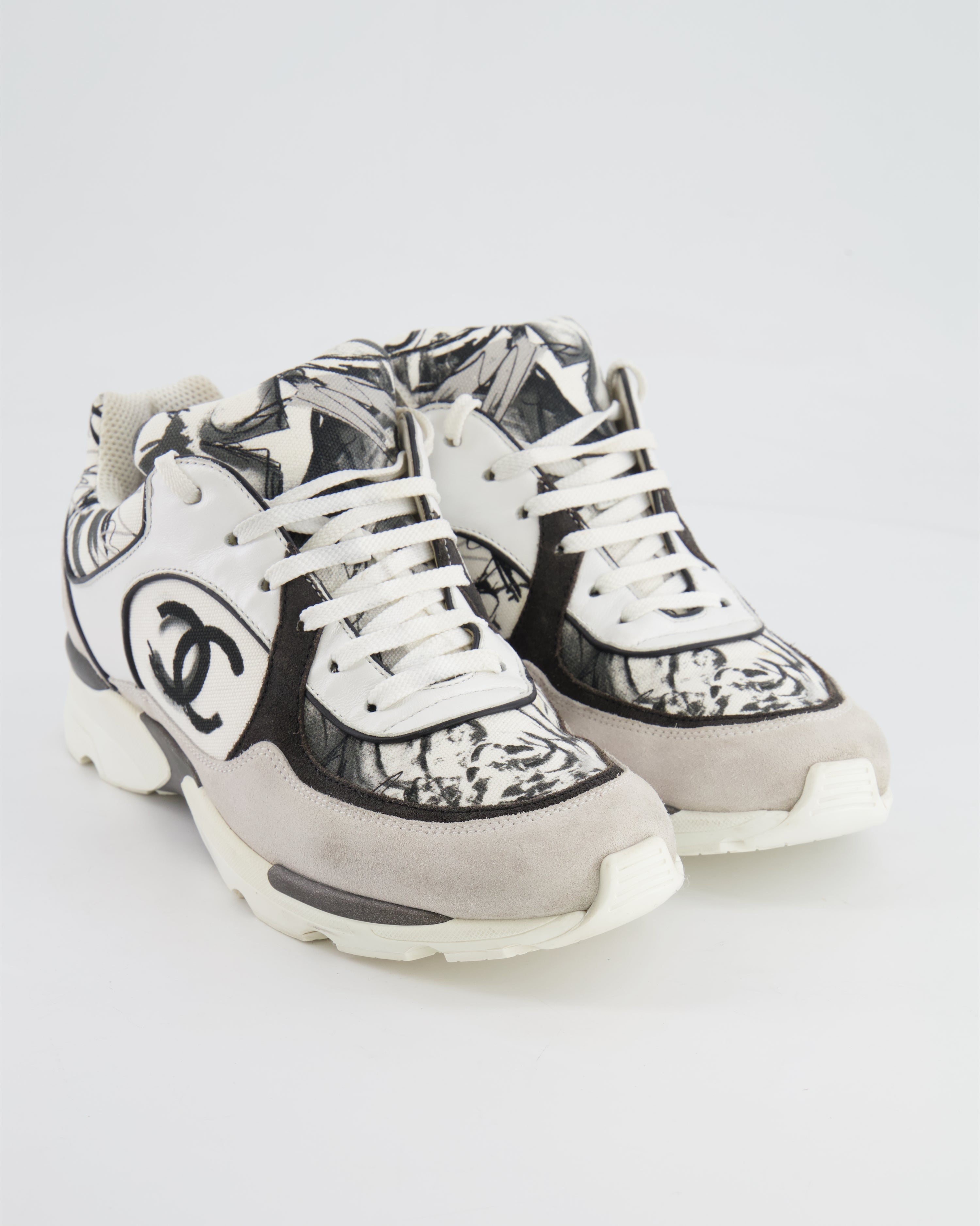 Chanel Grey, White, Black Leather and Suede Graffiti CC Trainers Size EU 38.5