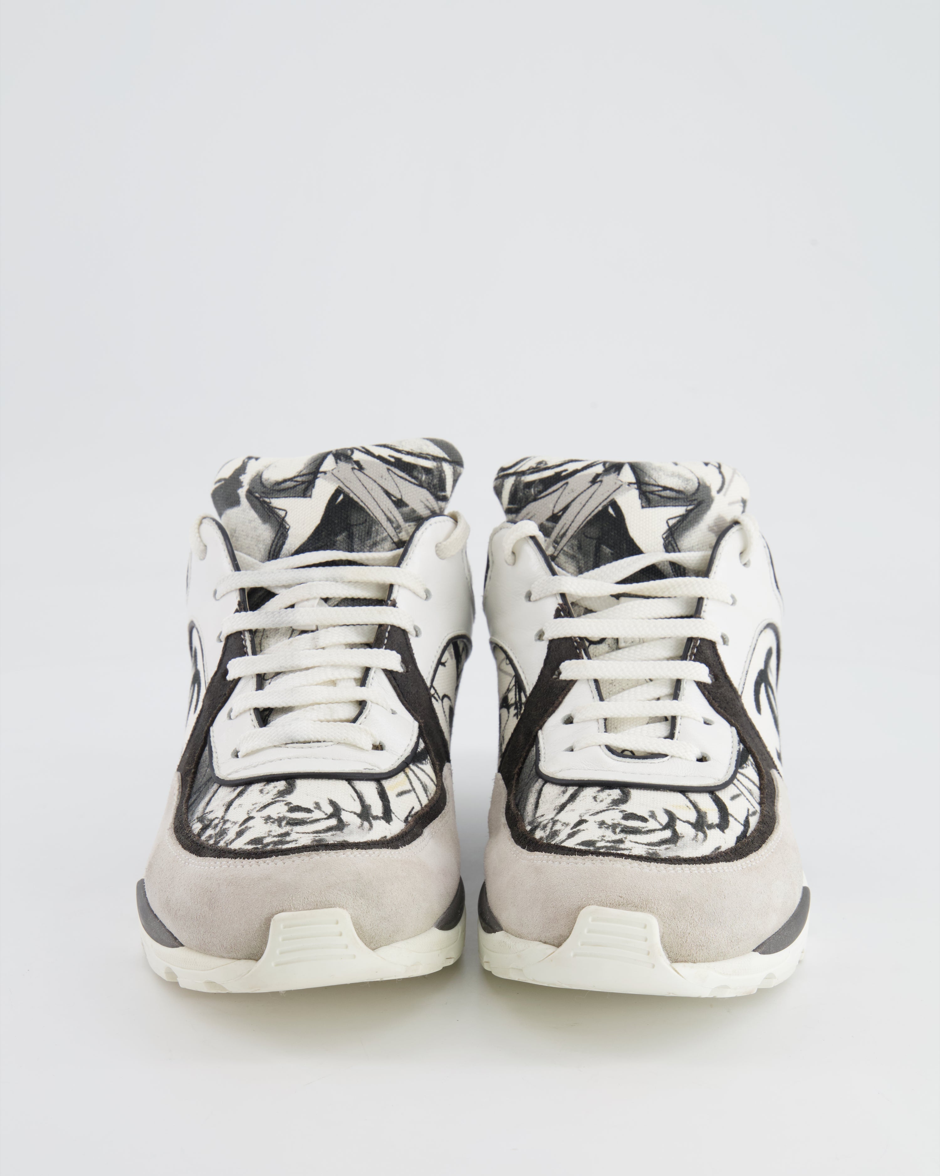 Chanel Grey, White, Black Leather and Suede Graffiti CC Trainers Size EU 38.5