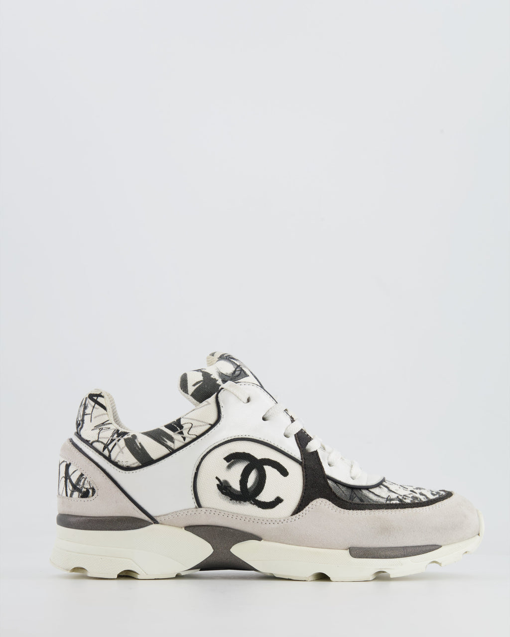 Chanel Grey, White, Black Leather and Suede Graffiti CC Trainers Size EU 38.5
