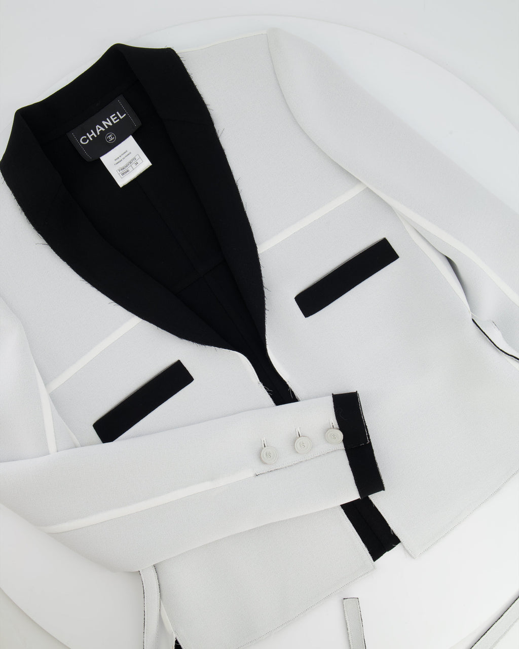 Chanel 14S Pale Grey and Black Trim Jacket with Belt and CC Button Details Size FR 34 (UK 6) RRP £3,250