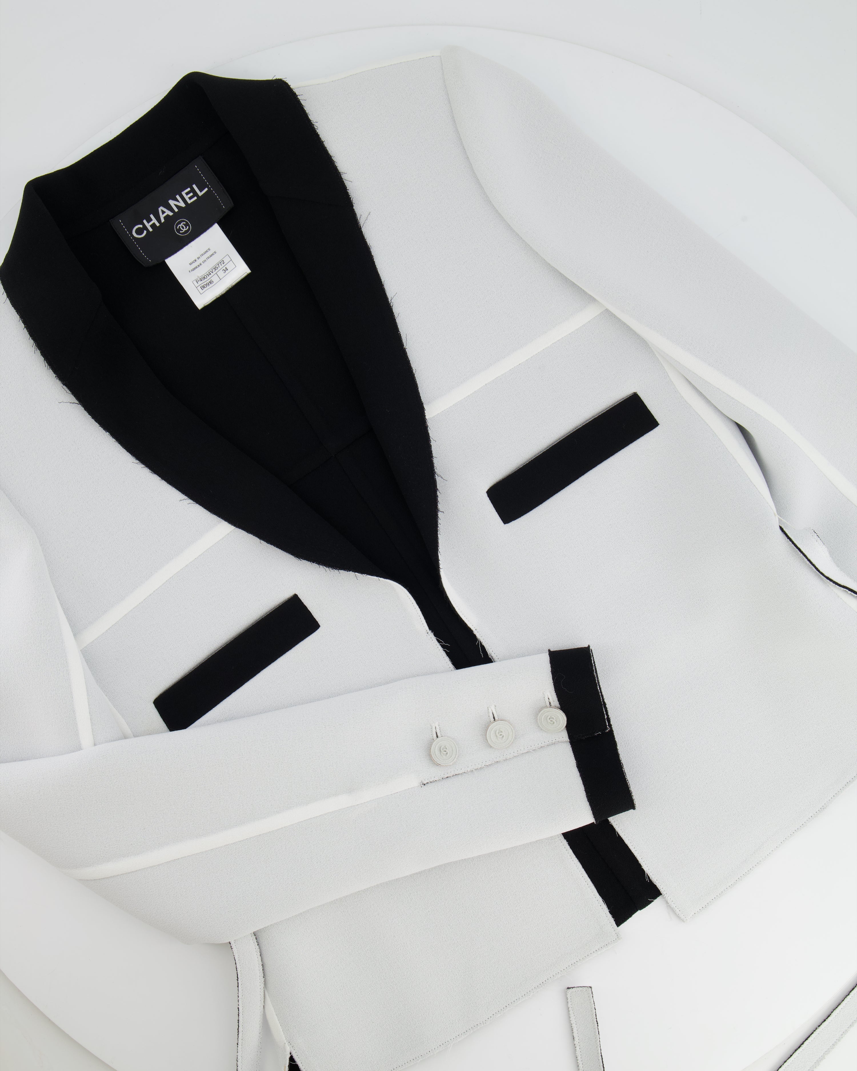 Chanel 14S Pale Grey and Black Trim Jacket with Belt and CC Button Details Size FR 34 (UK 6) RRP £3,250