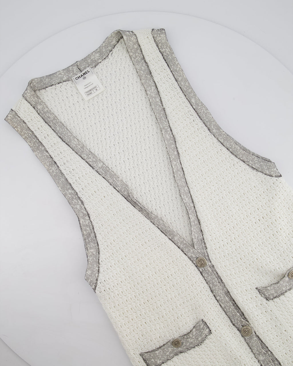 Chanel White Long Line Button Down Vest with Pocket Detail FR 38 (UK 10)