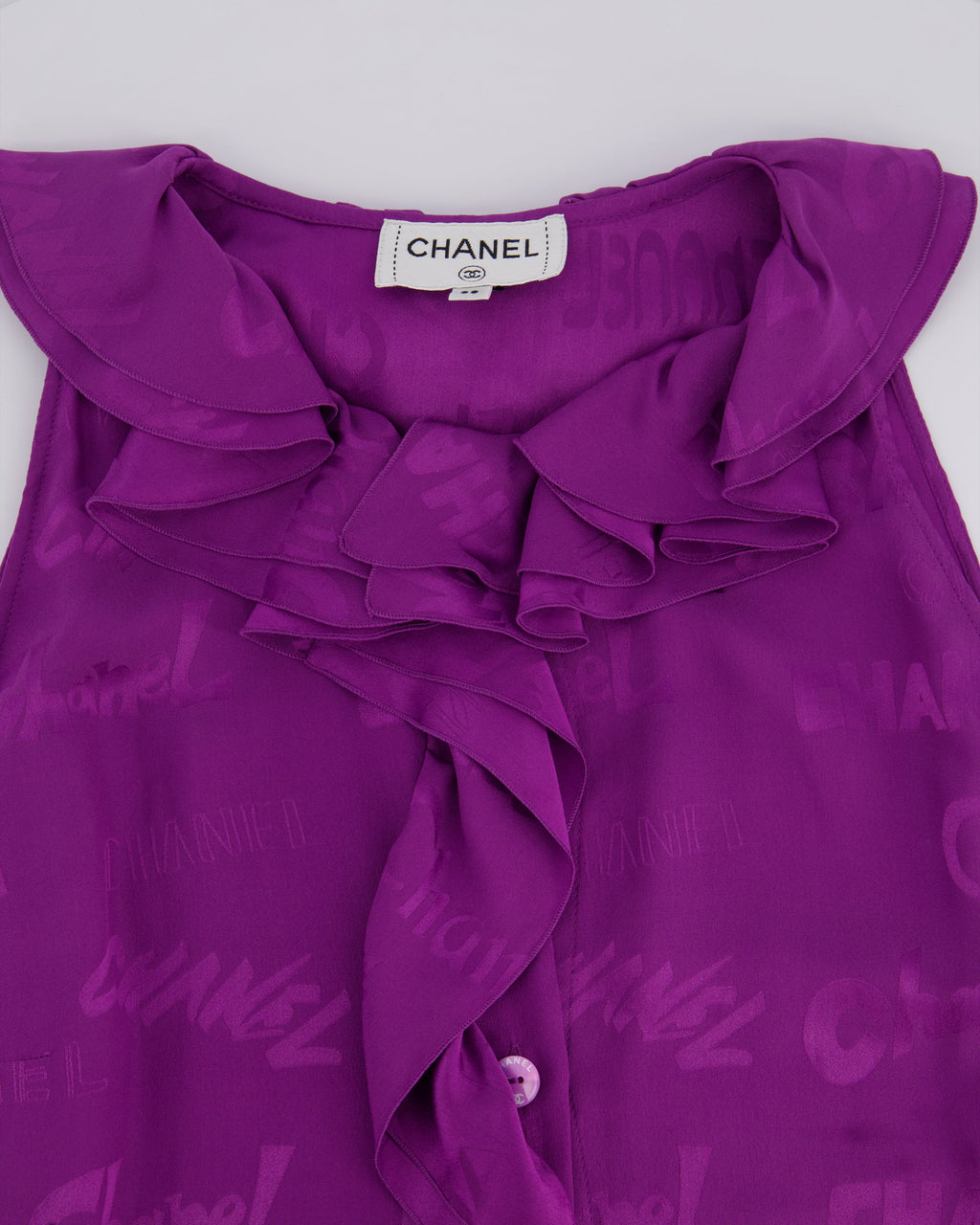 Chanel 22P Purple Silk Sleeveless Button Down Top with Ruffle Neckline and Logo Detail Size FR 38 (UK 10)