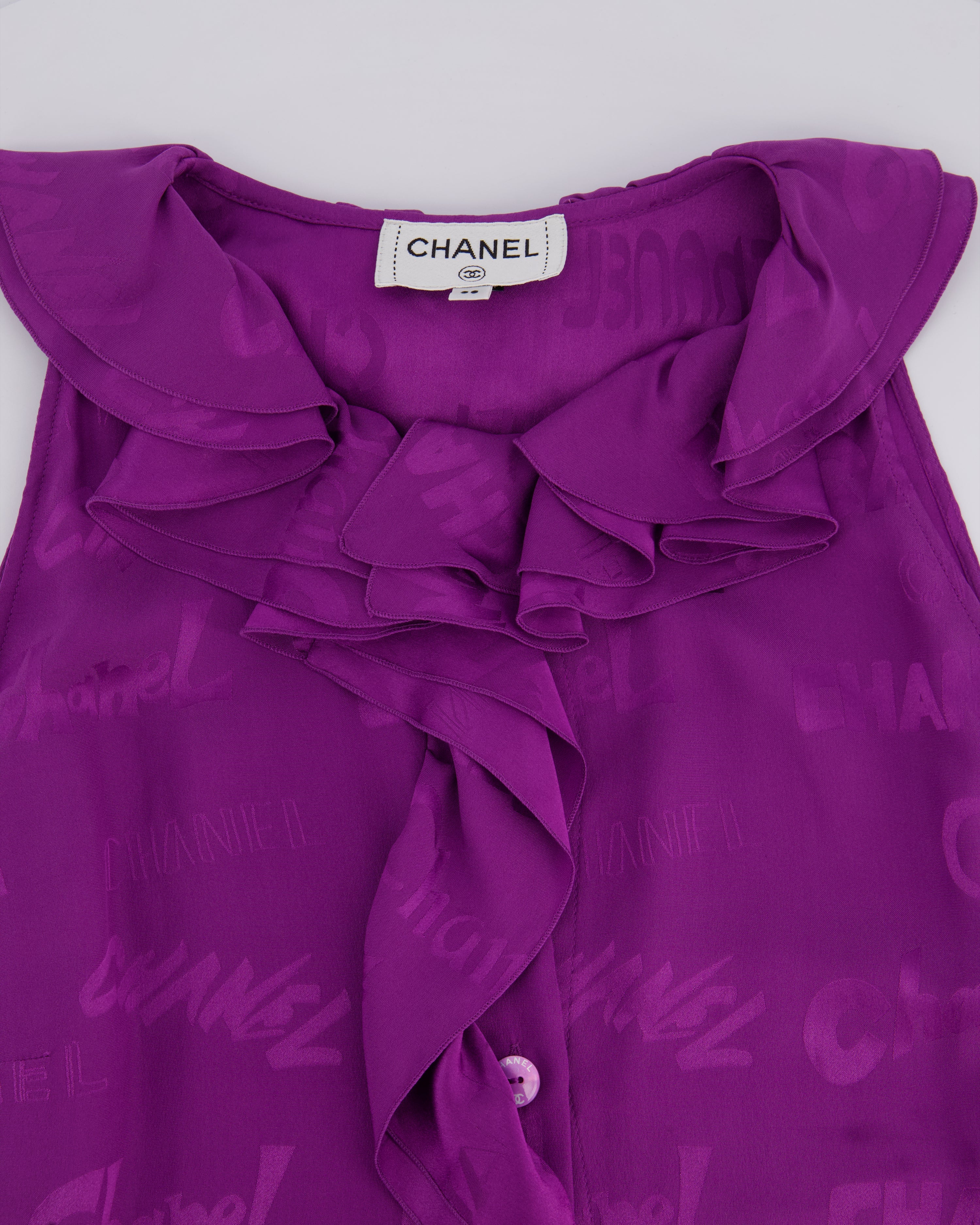 Chanel 22P Purple Silk Sleeveless Button Down Top with Ruffle Neckline and Logo Detail Size FR 38 (UK 10)