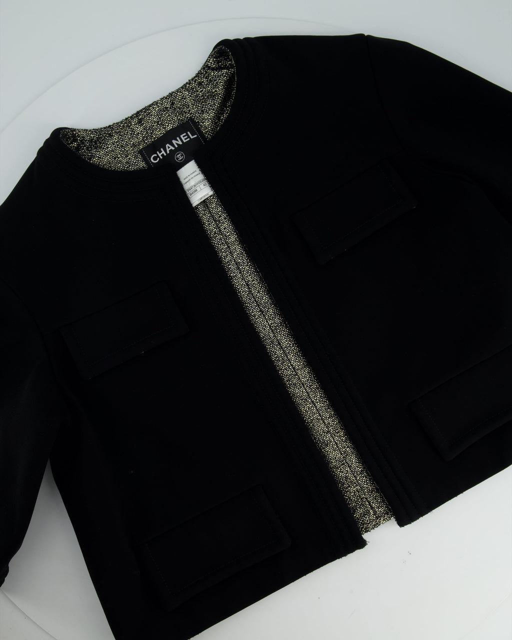 *HOT* Chanel 12/A Black and Silver Metallic Tweed Lined Pocket Jacket Size FR 42 (UK 14)