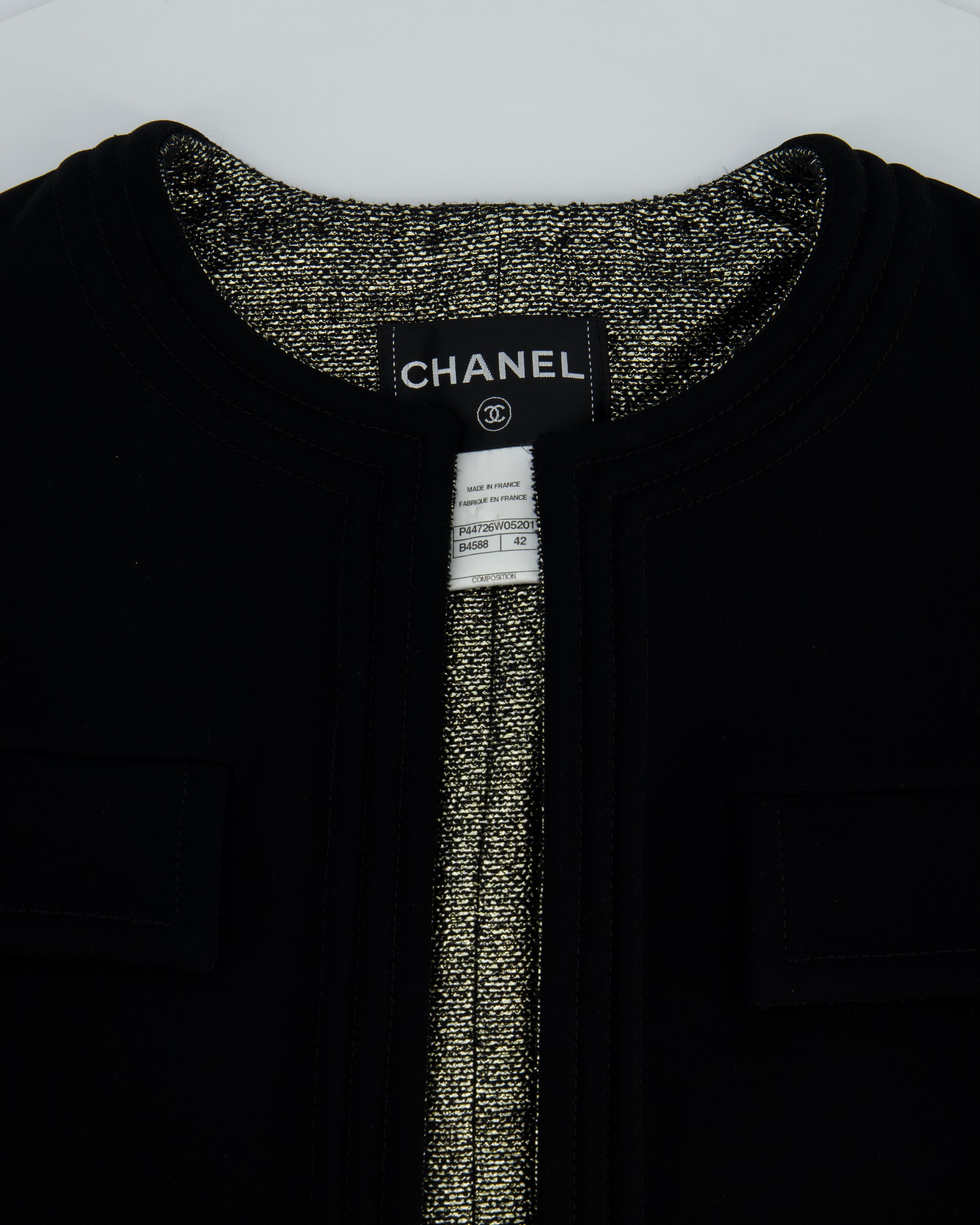*HOT* Chanel 12/A Black and Silver Metallic Tweed Lined Pocket Jacket Size FR 42 (UK 14)