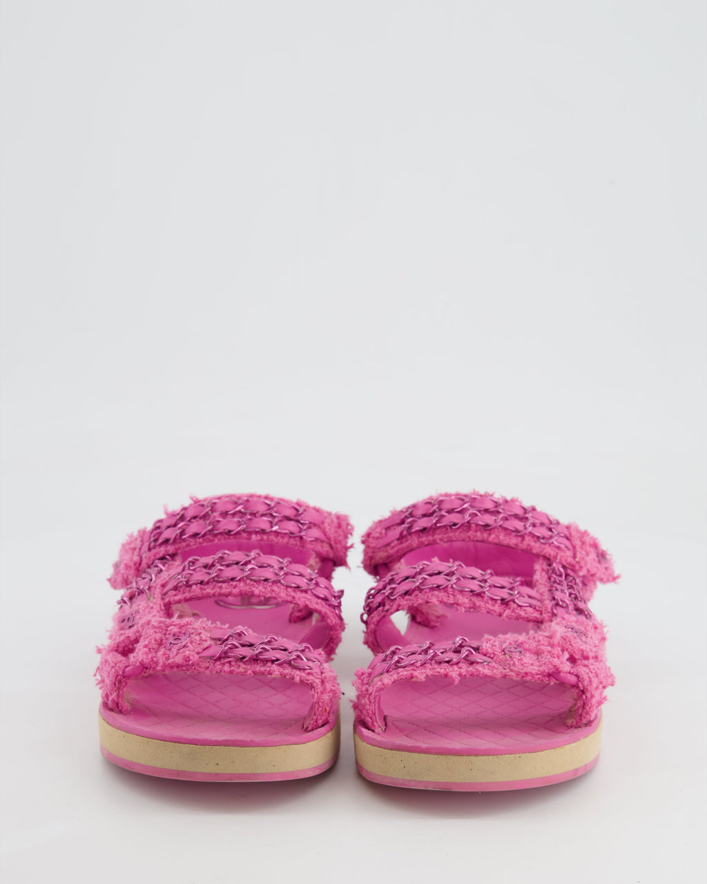 Chanel Pink Tweed Dad Sandals with Pink Chain and CC Logo Details Size 37