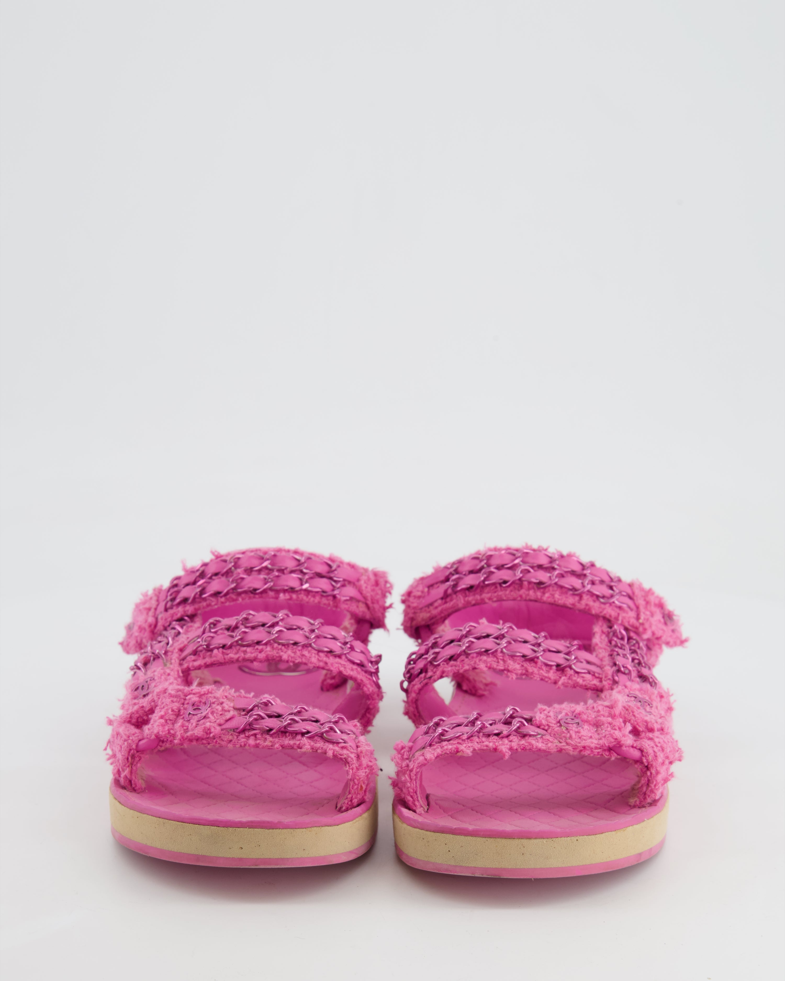 Chanel Pink Tweed Dad Sandals with Pink Chain and CC Logo Details Size 37