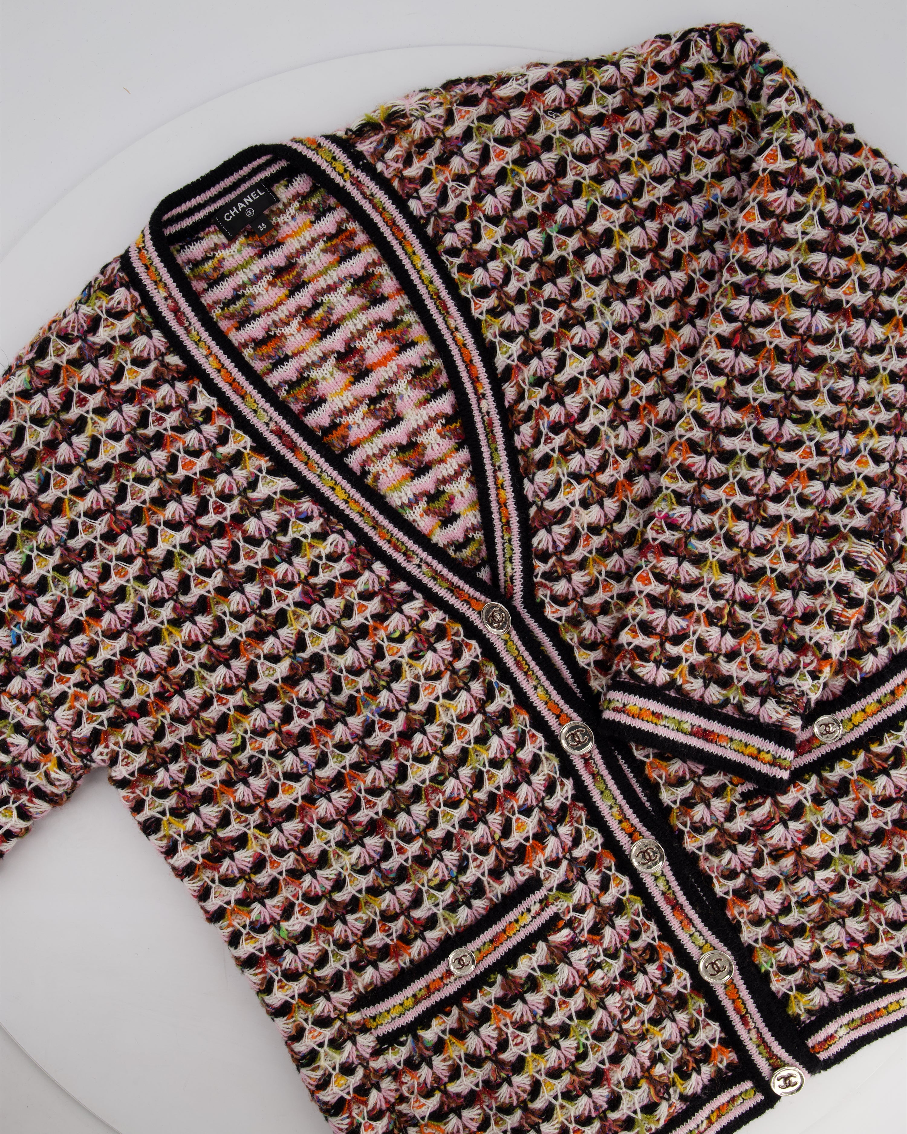 Chanel Multi-Colour Long Sleeve Cashmere Blend Knit Cardigan with Silver CC Logo Buttons Size FR 36 (UK 8)