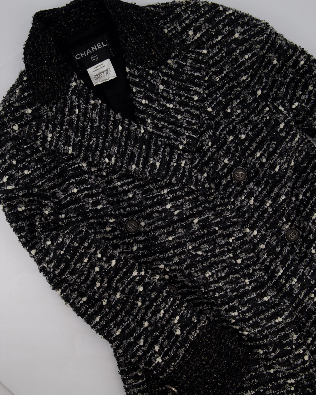 Chanel Black, Grey & White Tweed Double Breasted Jacket with Black CC Logo Buttons Size FR 36 (UK 8)