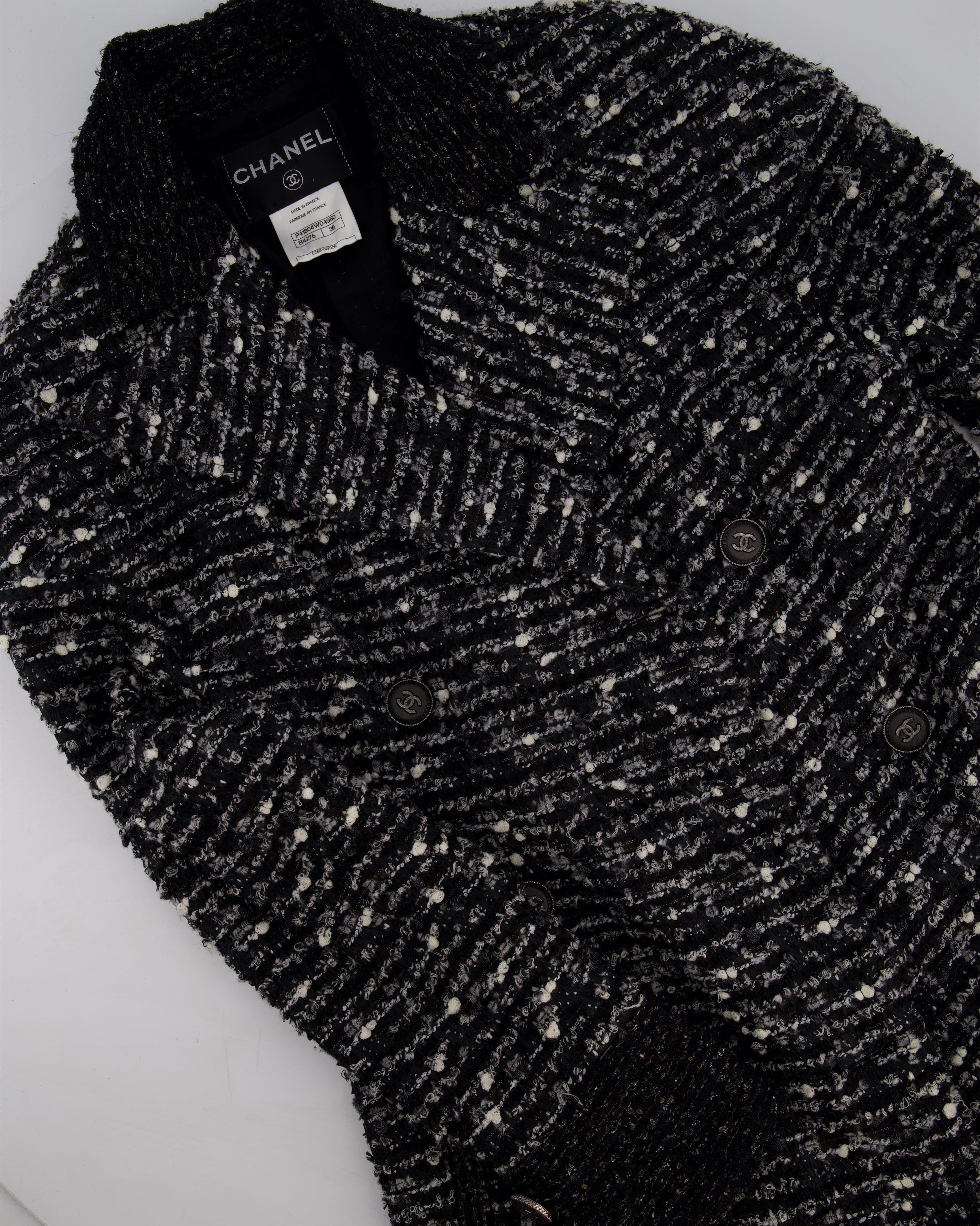 Chanel Black, Grey & White Tweed Double Breasted Jacket with Black CC Logo Buttons Size FR 36 (UK 8)