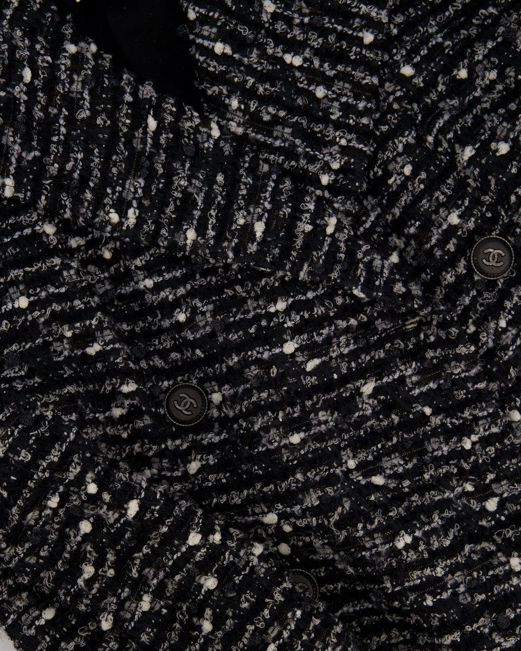 Chanel Black, Grey & White Tweed Double Breasted Jacket with Black CC Logo Buttons Size FR 36 (UK 8)
