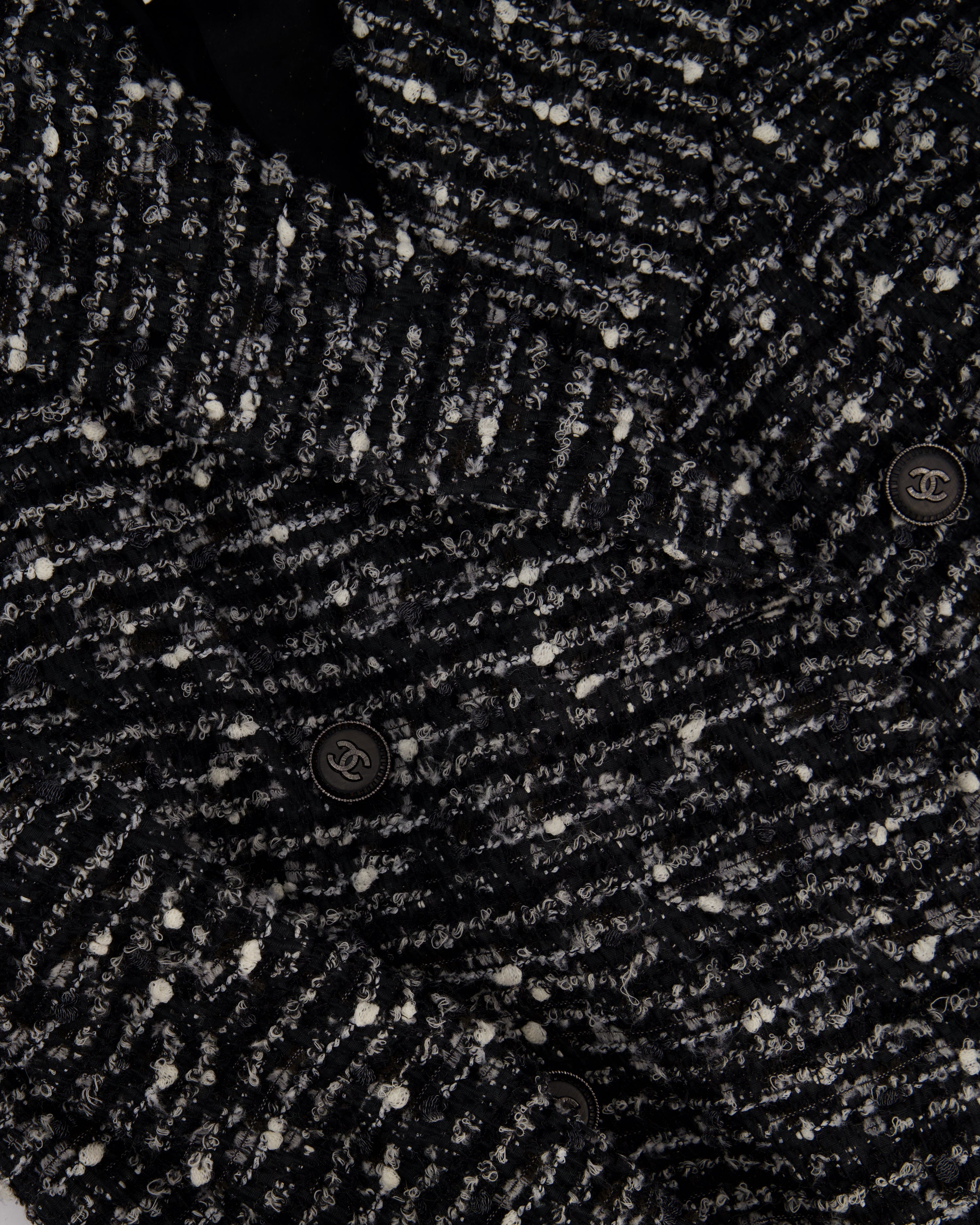 Chanel Black, Grey & White Tweed Double Breasted Jacket with Black CC Logo Buttons Size FR 36 (UK 8)
