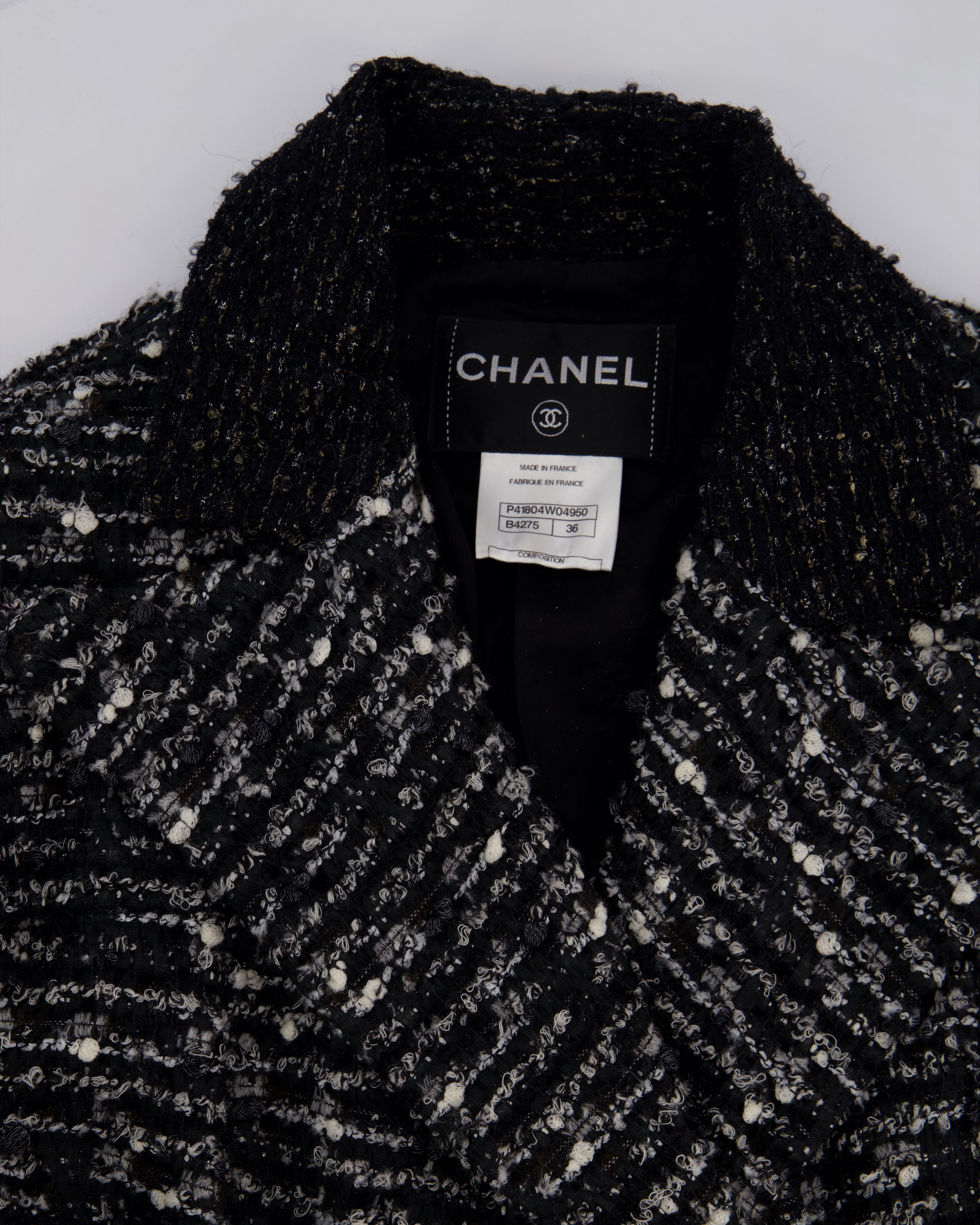 Chanel Black, Grey & White Tweed Double Breasted Jacket with Black CC Logo Buttons Size FR 36 (UK 8)