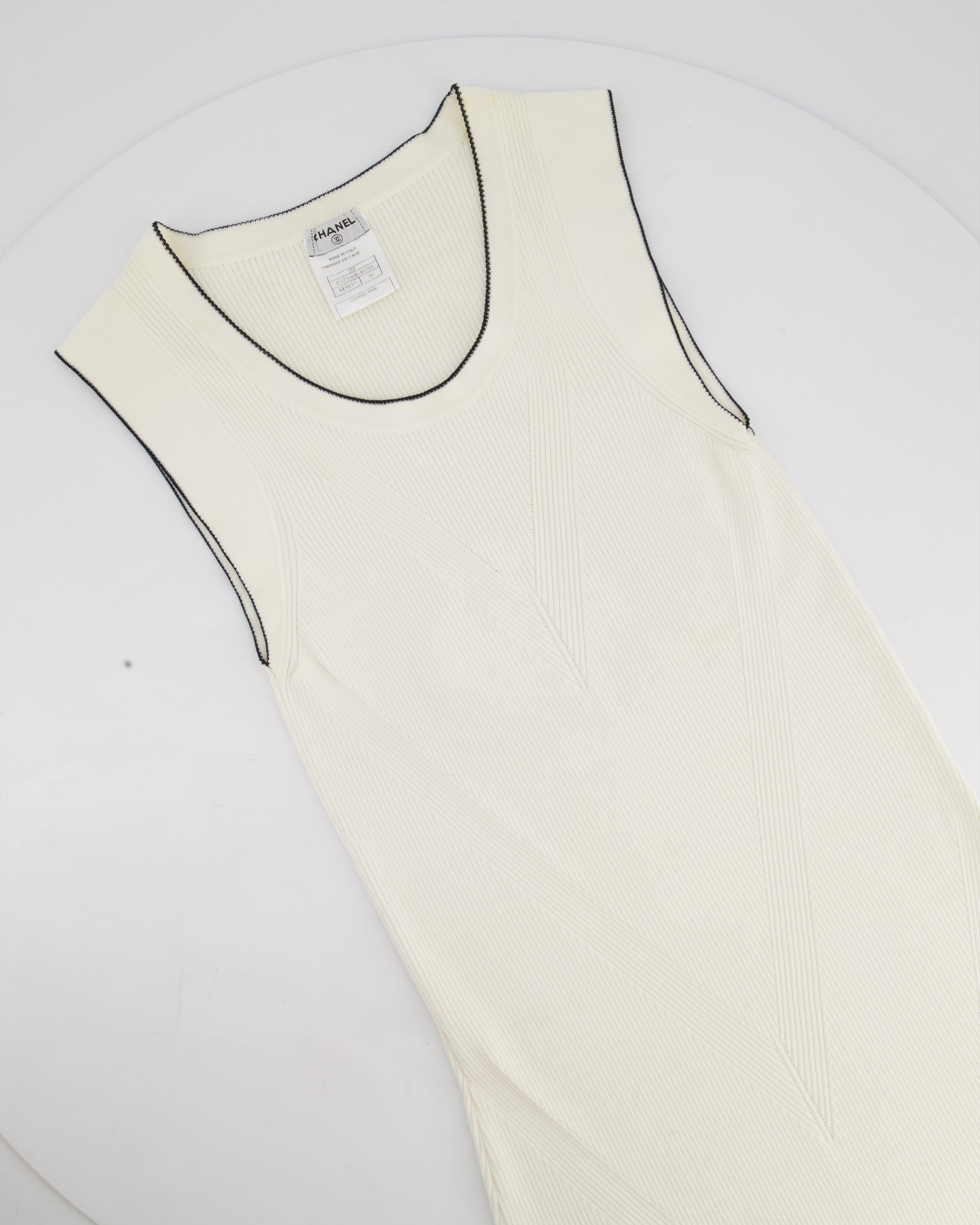 Chanel 08P Cream Sleeveless Knitted Short Dress with Silver CC Logo Button and Navy Hem Details Size FR 36 (UK 8)