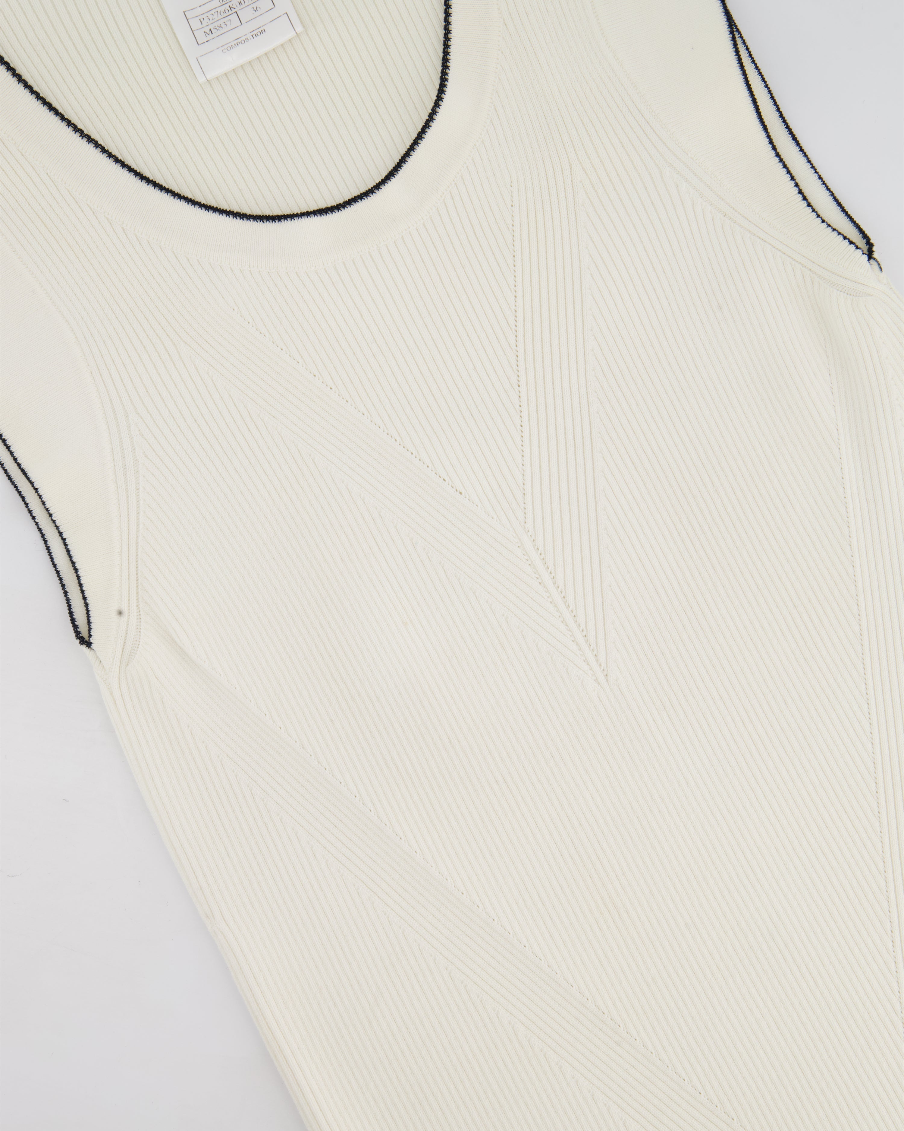 Chanel 08P Cream Sleeveless Knitted Short Dress with Silver CC Logo Button and Navy Hem Details Size FR 36 (UK 8)