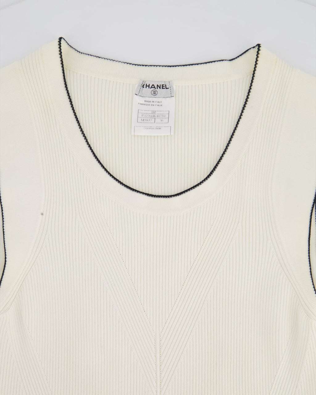Chanel 08P Cream Sleeveless Knitted Short Dress with Silver CC Logo Button and Navy Hem Details Size FR 36 (UK 8)