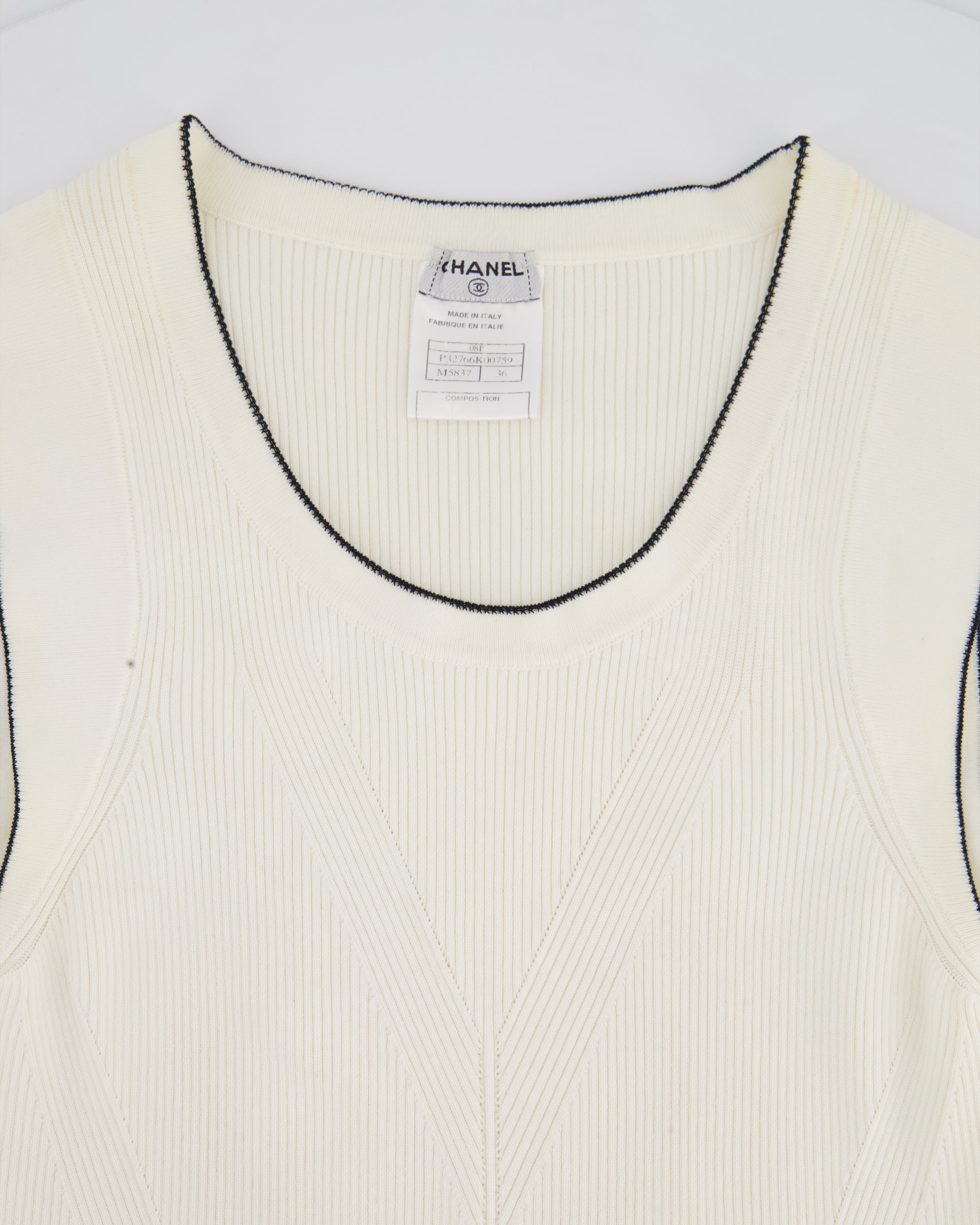 Chanel 08P Cream Sleeveless Knitted Short Dress with Silver CC Logo Button and Navy Hem Details Size FR 36 (UK 8)