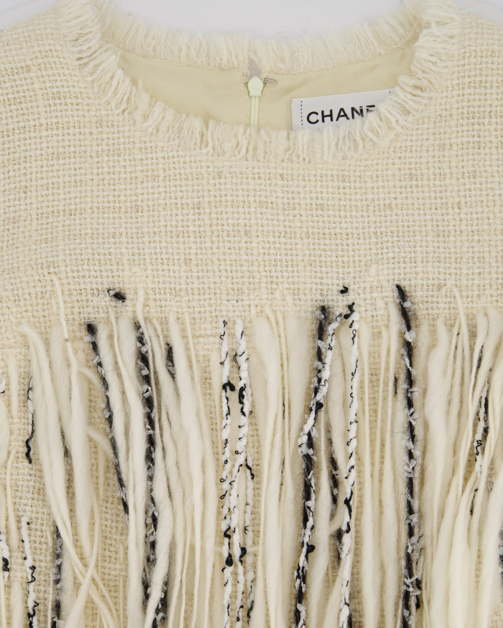 Chanel 10/P Beige Tweed Short-Sleeve Mini Dress with Fringe Applique and Small Beads Size FR 38 (UK 10)
