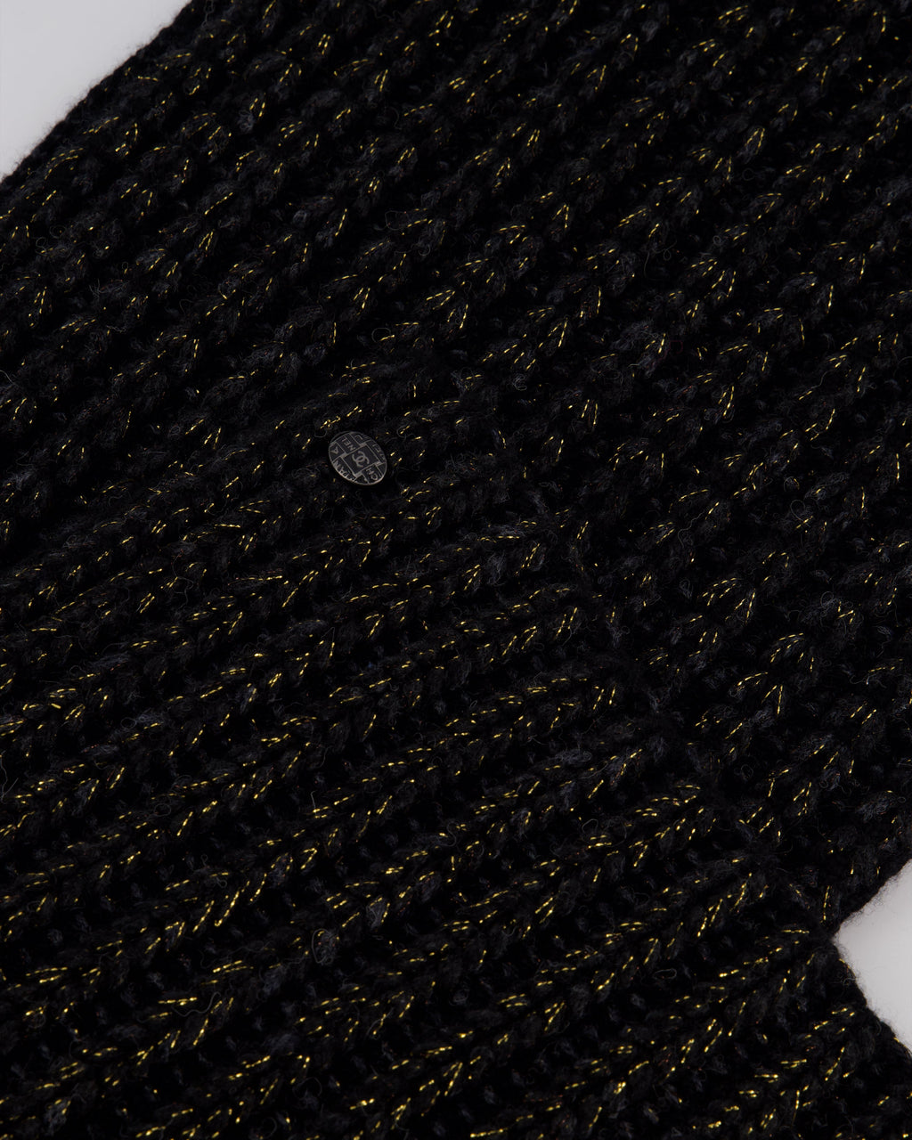 Chanel Black Grey and Gold Metallic Knitted Cashmere Blend Scarf with White CC Logo Button One Size