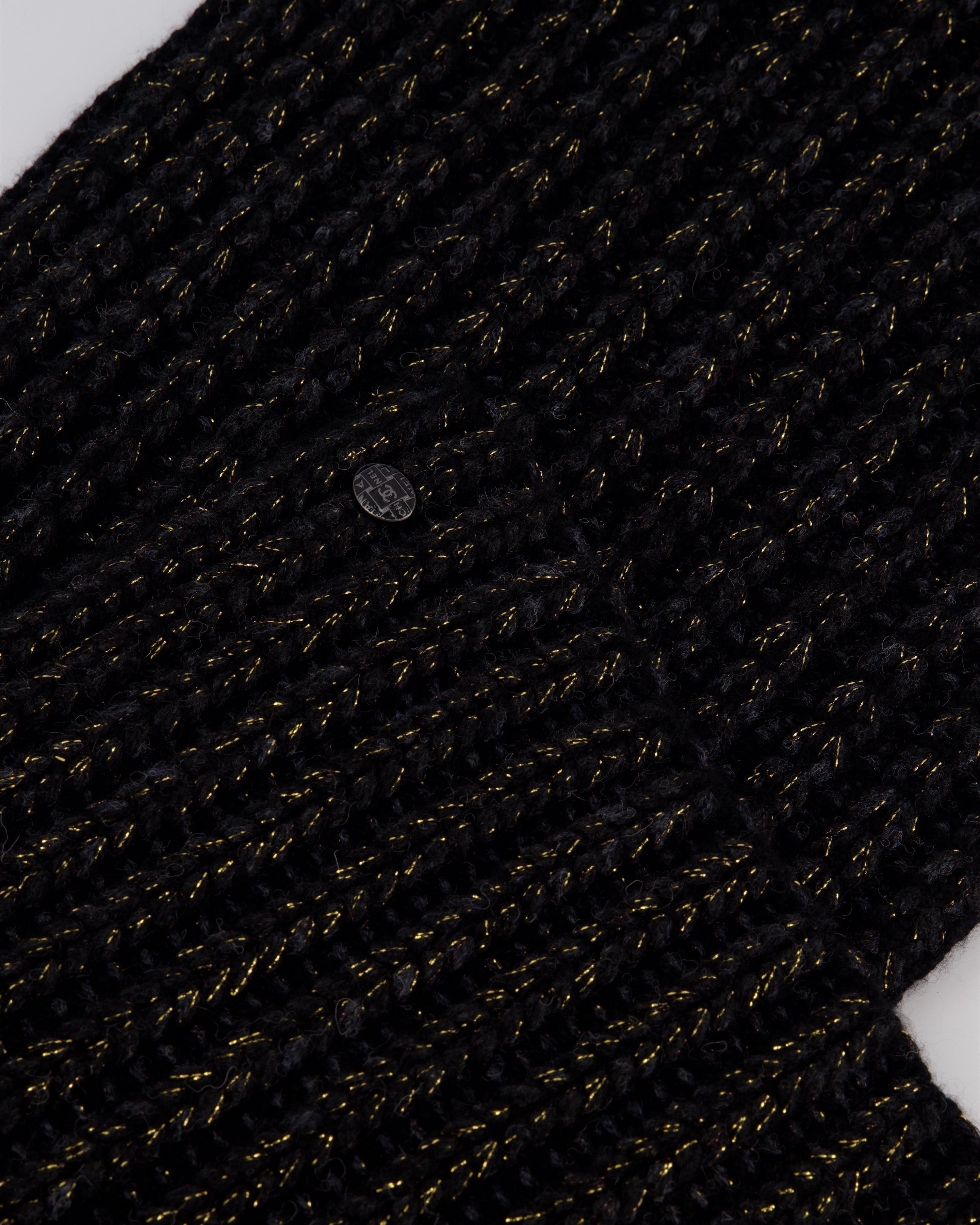 Chanel Black Grey and Gold Metallic Knitted Cashmere Blend Scarf with White CC Logo Button One Size