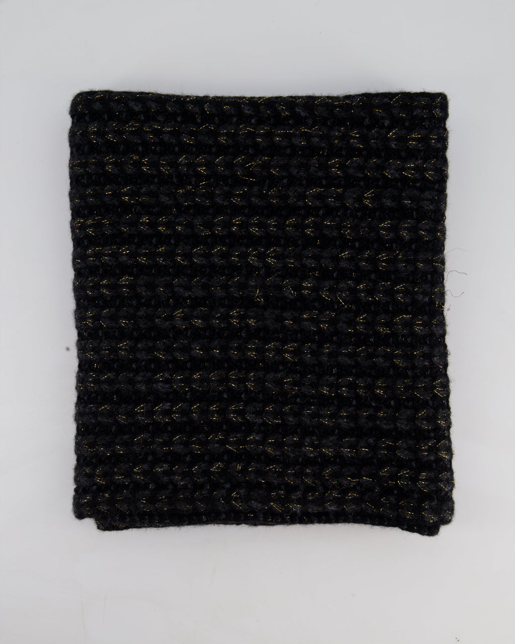 Chanel Black Grey and Gold Metallic Knitted Cashmere Blend Scarf with White CC Logo Button One Size