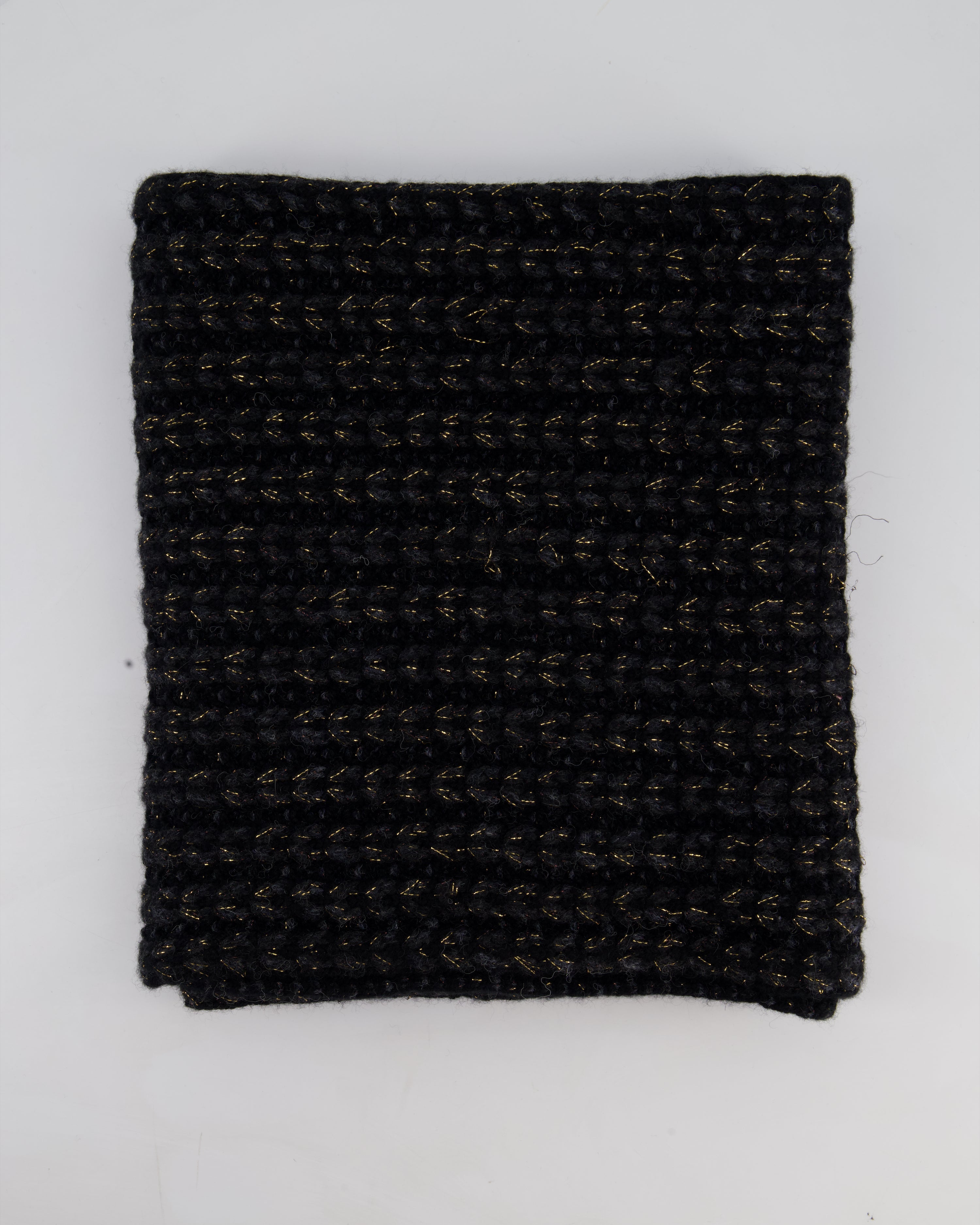 Chanel Black Grey and Gold Metallic Knitted Cashmere Blend Scarf with White CC Logo Button One Size