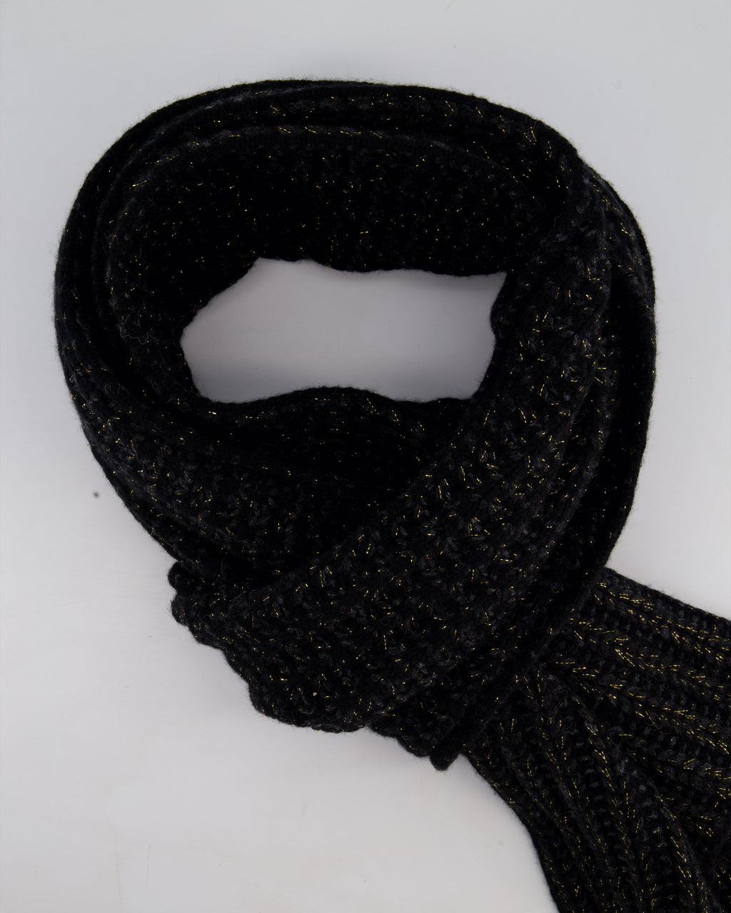 Chanel Black Grey and Gold Metallic Knitted Cashmere Blend Scarf with White CC Logo Button One Size