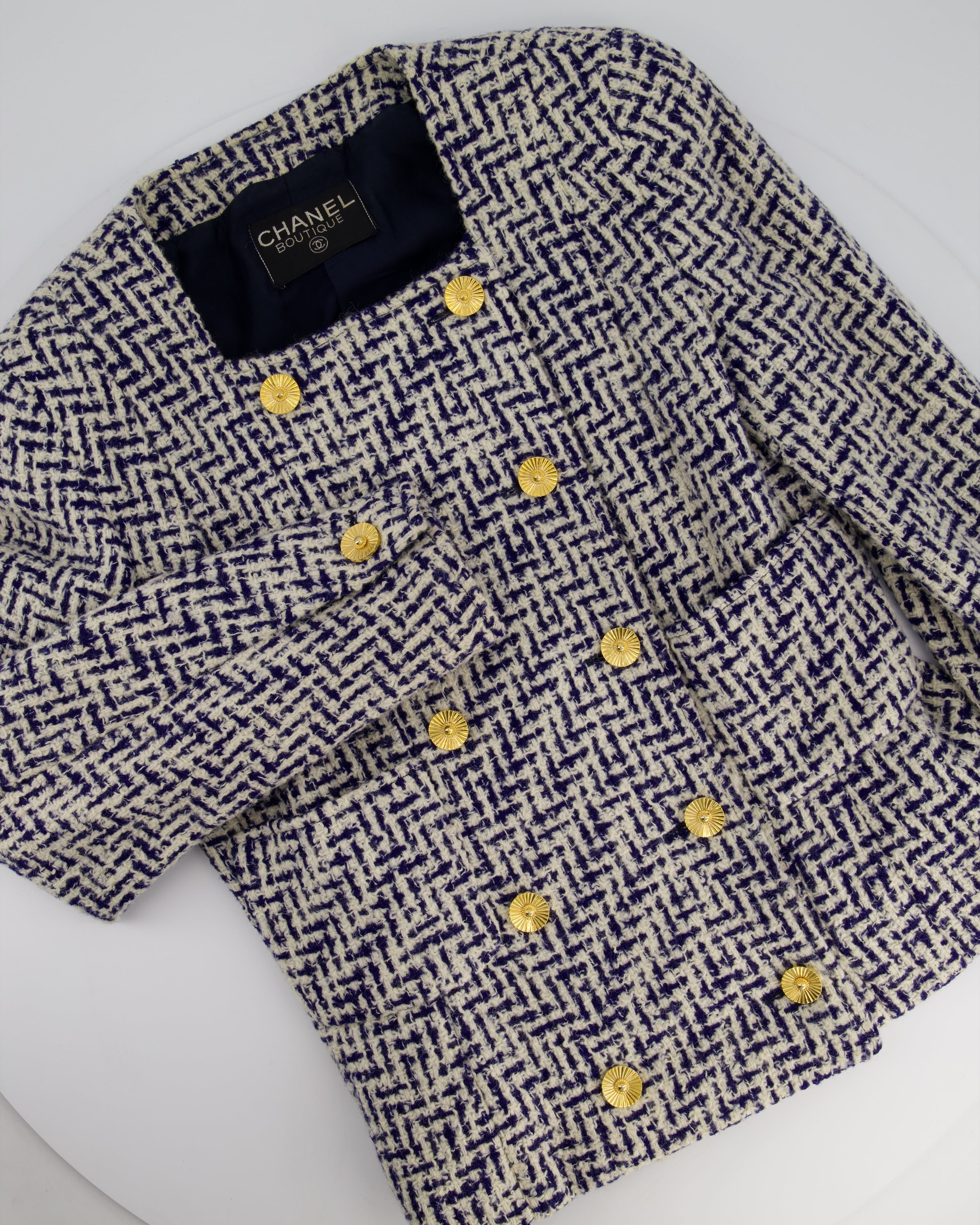 Chanel White and Navy Tweed Double Breasted Jacket with Gold Flower Button Detail FR 36 - 38 (UK 8 - 10)