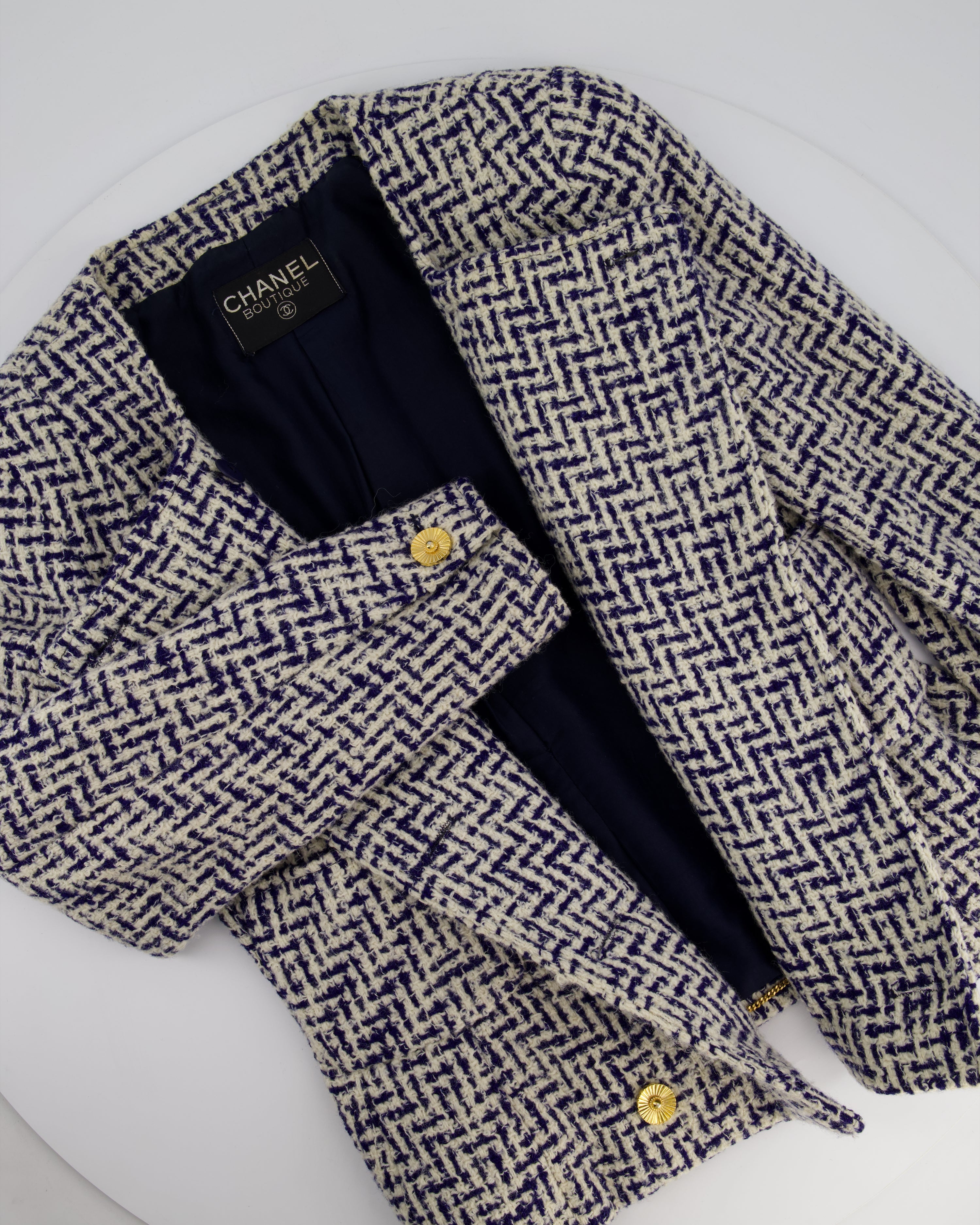 Chanel White and Navy Tweed Double Breasted Jacket with Gold Flower Button Detail FR 36 - 38 (UK 8 - 10)