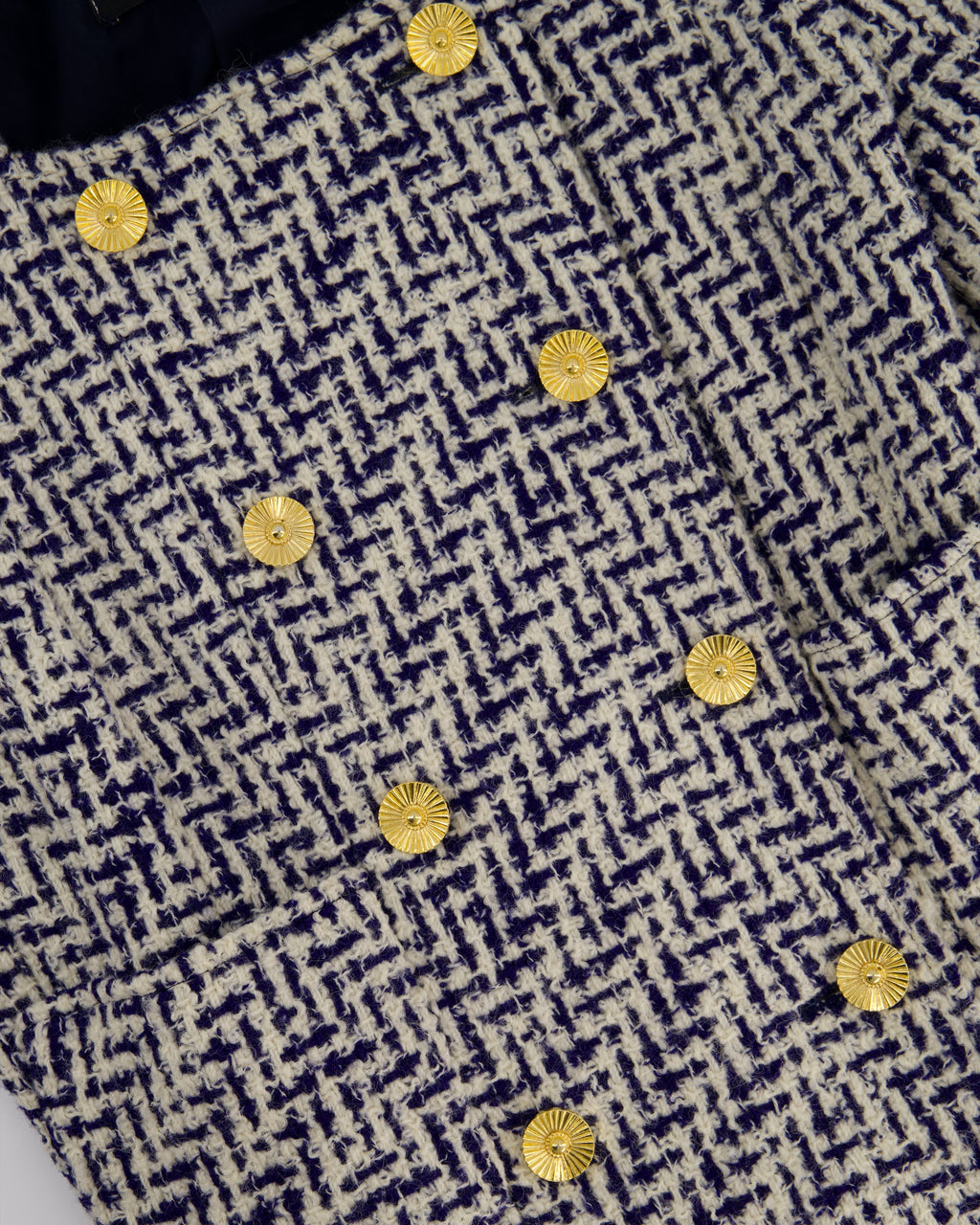 Chanel White and Navy Tweed Double Breasted Jacket with Gold Flower Button Detail FR 36 - 38 (UK 8 - 10)