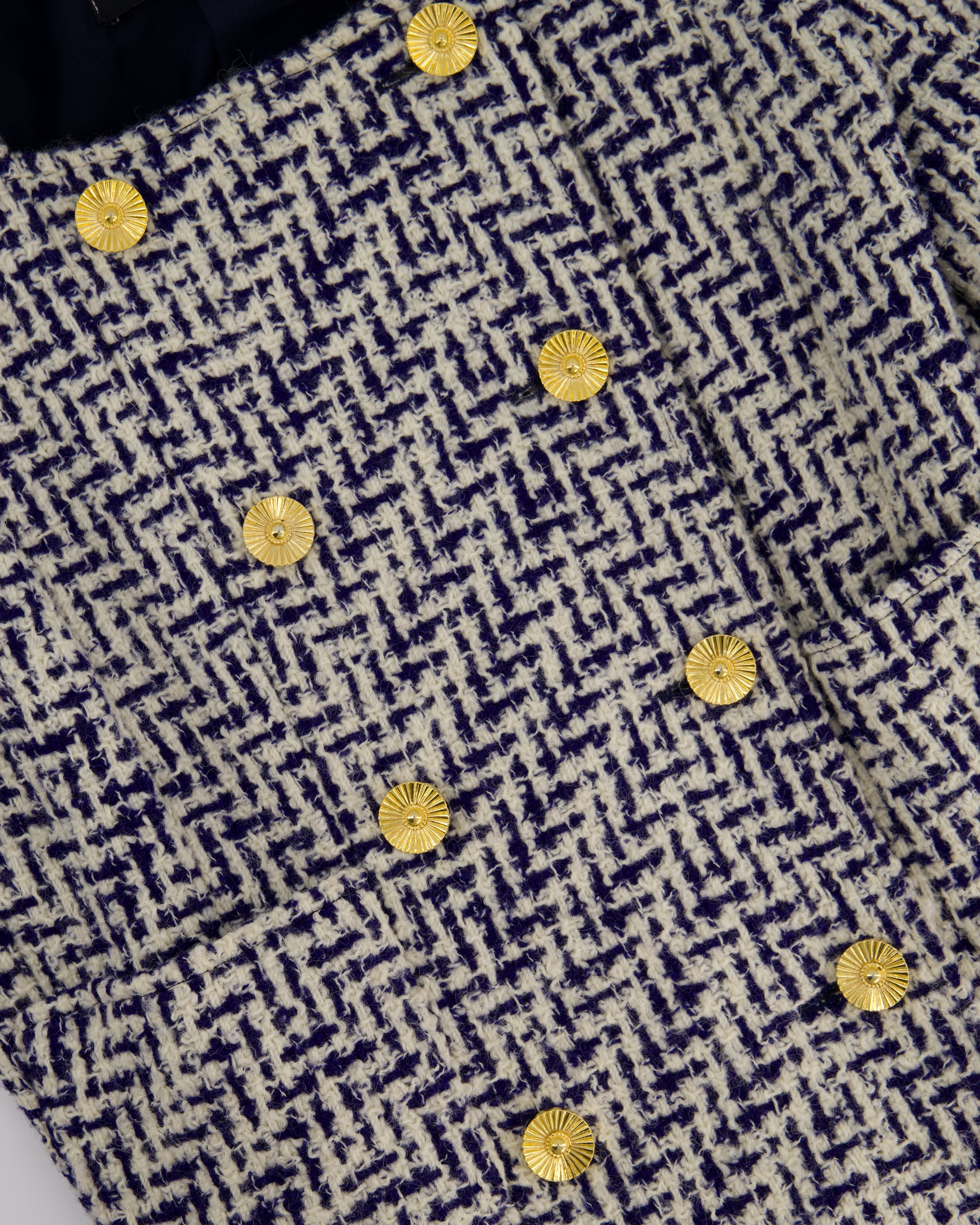 Chanel White and Navy Tweed Double Breasted Jacket with Gold Flower Button Detail FR 36 - 38 (UK 8 - 10)