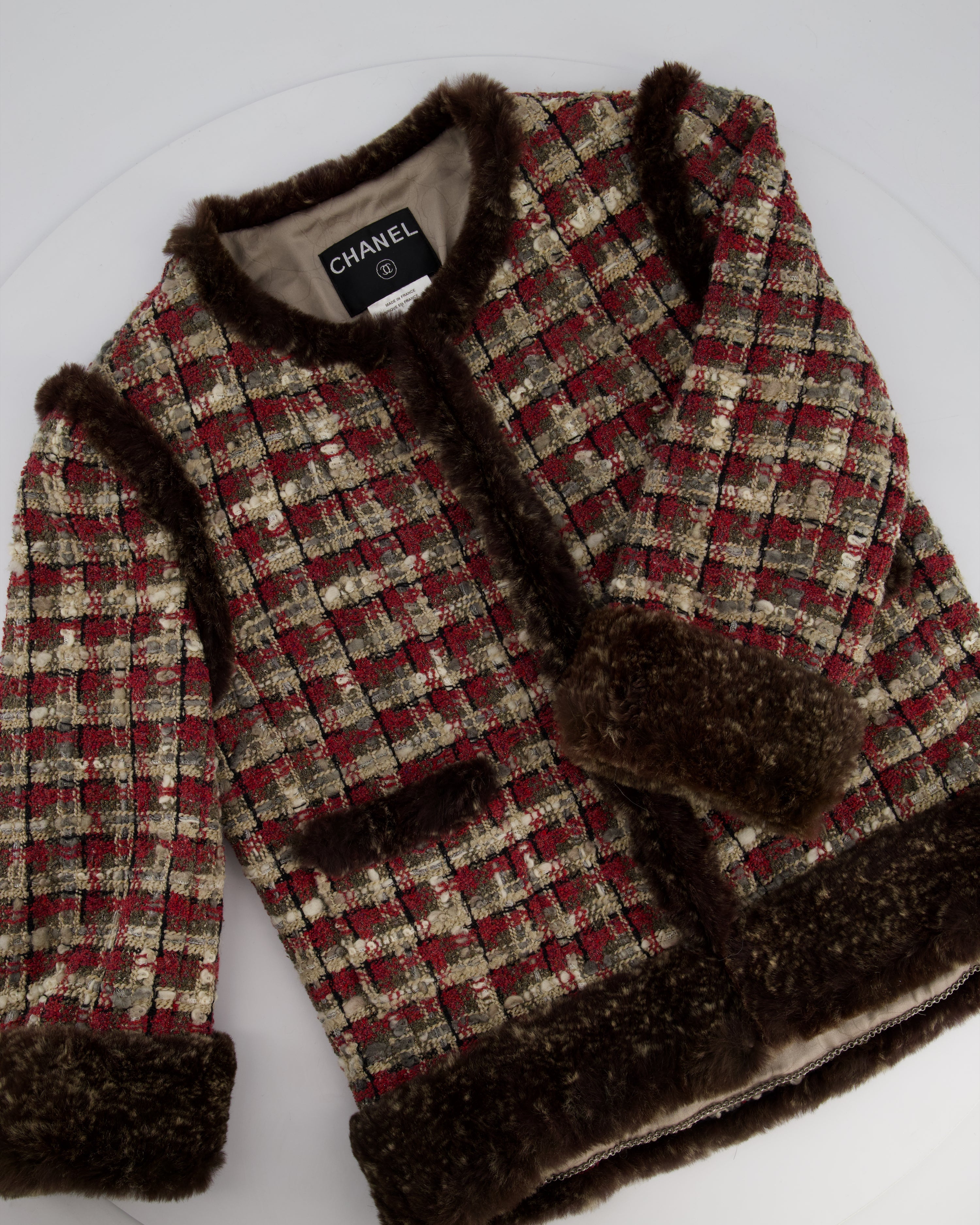 Chanel Red, Beige and Grey Tweed Jacket with Rabbit Fur Trim Detail Size FR 36 (UK 8)