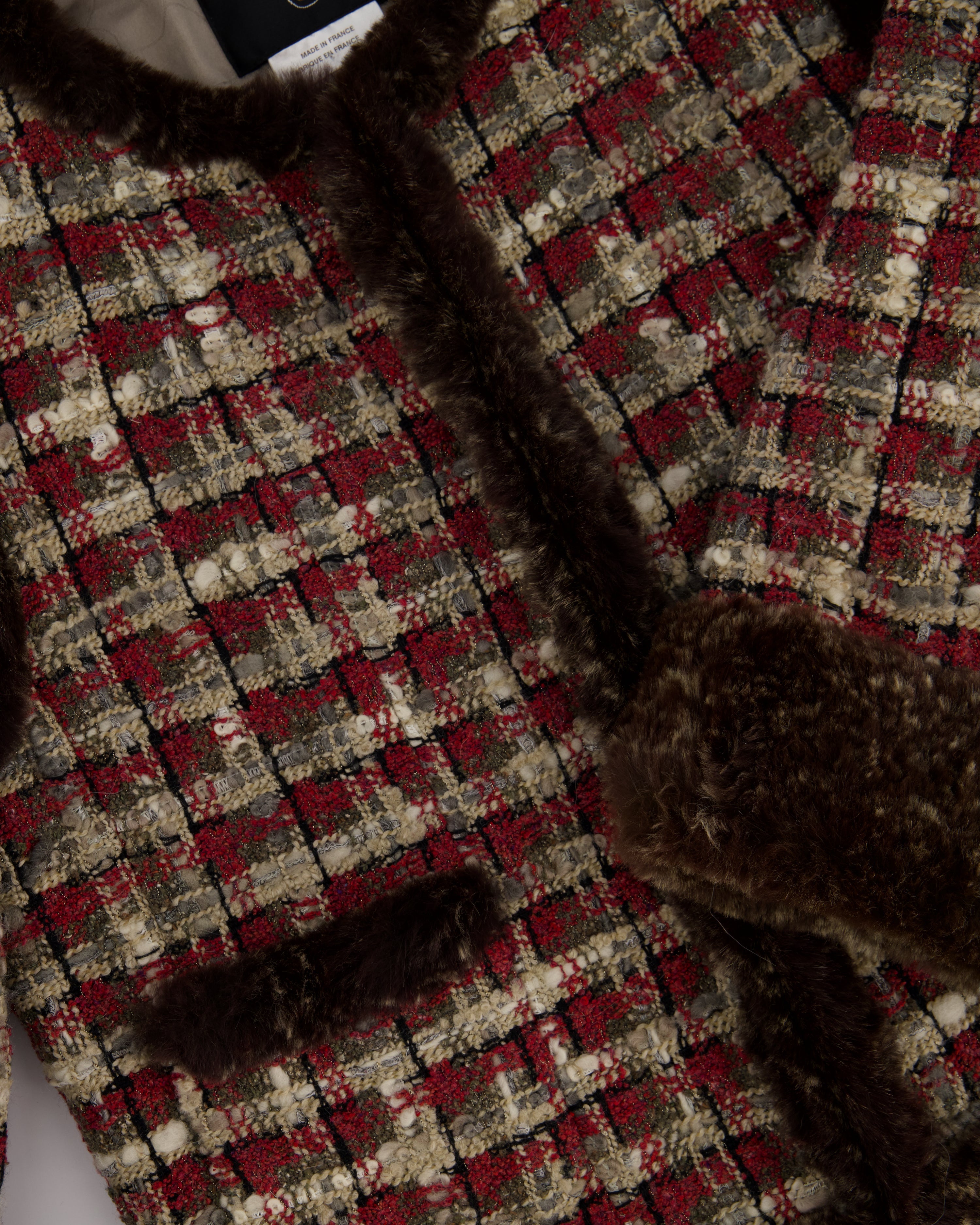 Chanel Red, Beige and Grey Tweed Jacket with Rabbit Fur Trim Detail Size FR 36 (UK 8)