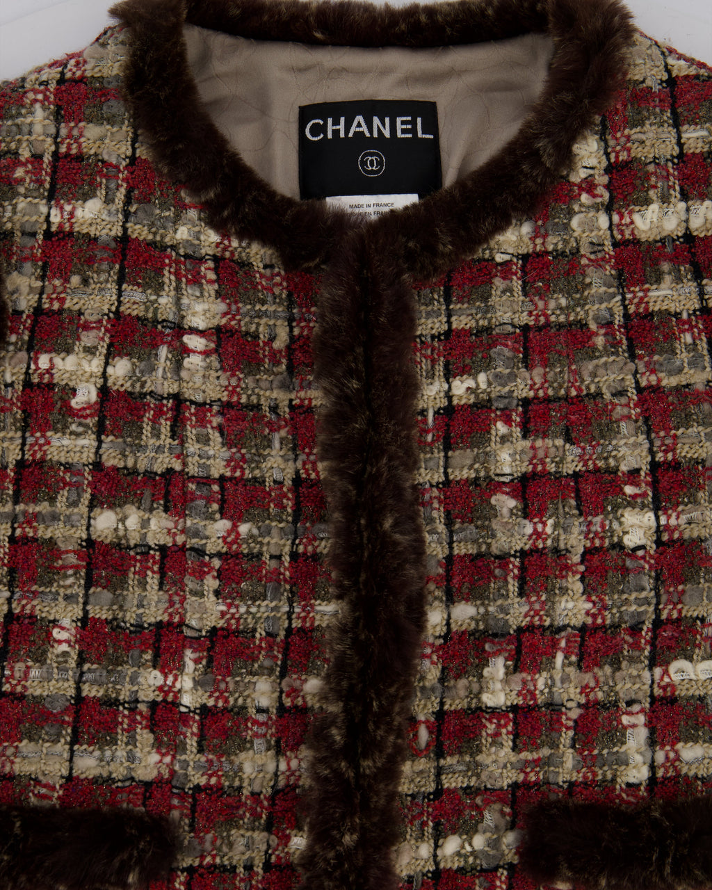 Chanel Red, Beige and Grey Tweed Jacket with Rabbit Fur Trim Detail Size FR 36 (UK 8)