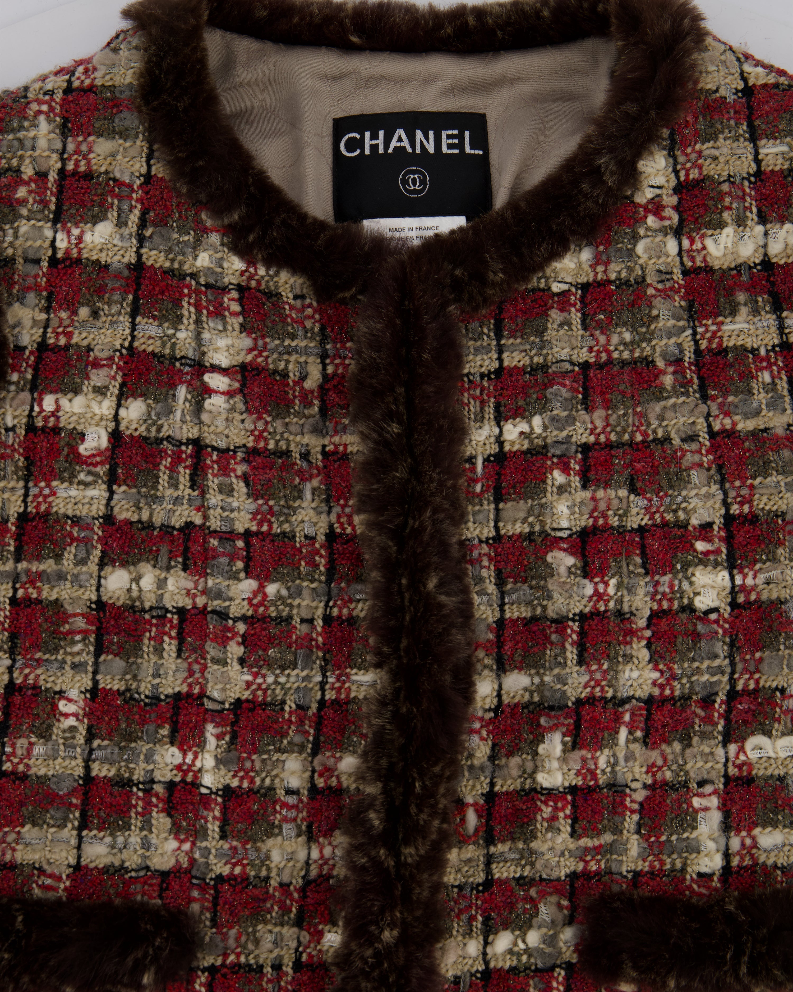 Chanel Red, Beige and Grey Tweed Jacket with Rabbit Fur Trim Detail Size FR 36 (UK 8)