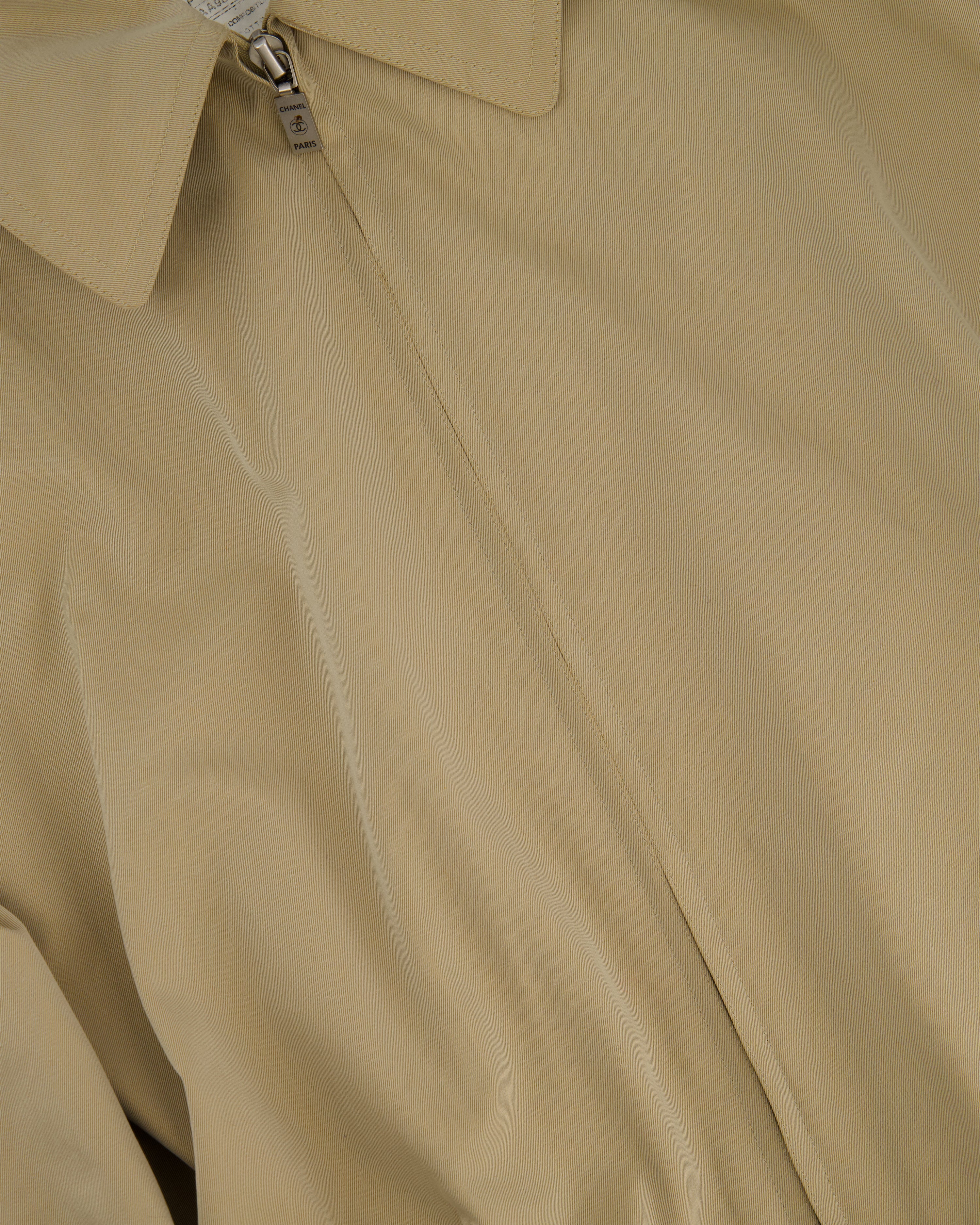 Chanel Vintage 99P Beige Cotton Long Line Belted Trench Coat with Collar and Silver Logo Zip Size FR 40 (UK 12)