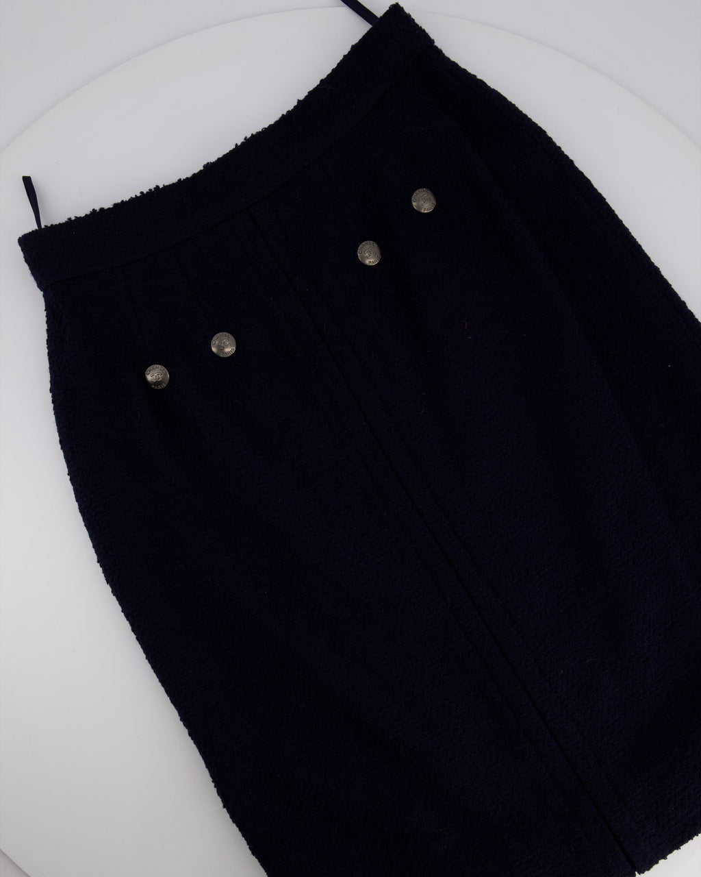 Chanel 97A Navy Wool Long Sleeve Jacket and Pencil Skirt Set with Red, Blue, Green and Yellow Neckline Applique Detail Size FR 38 (UK 10)